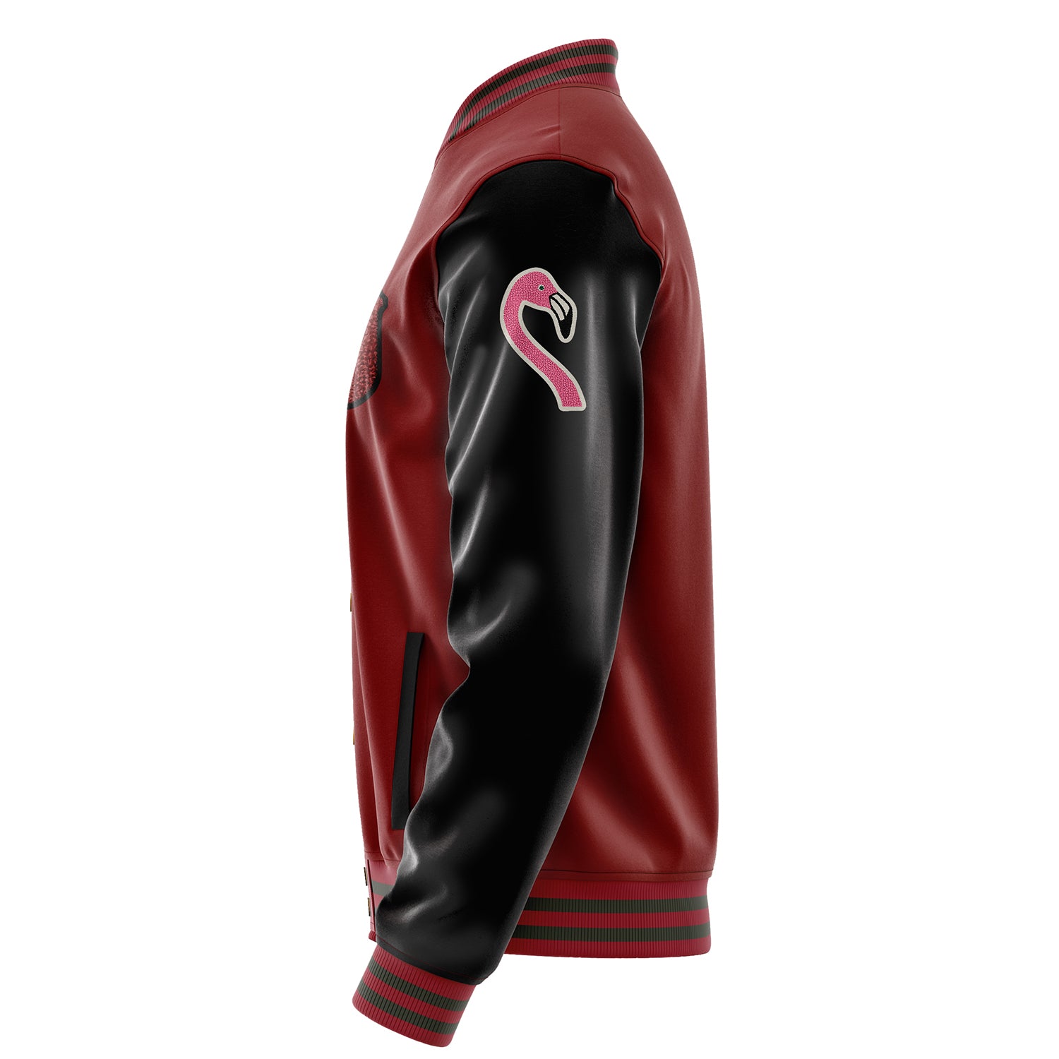 Custom Dark Red Varsity Jacket Patches Black Leather Sleeves - Flamingo