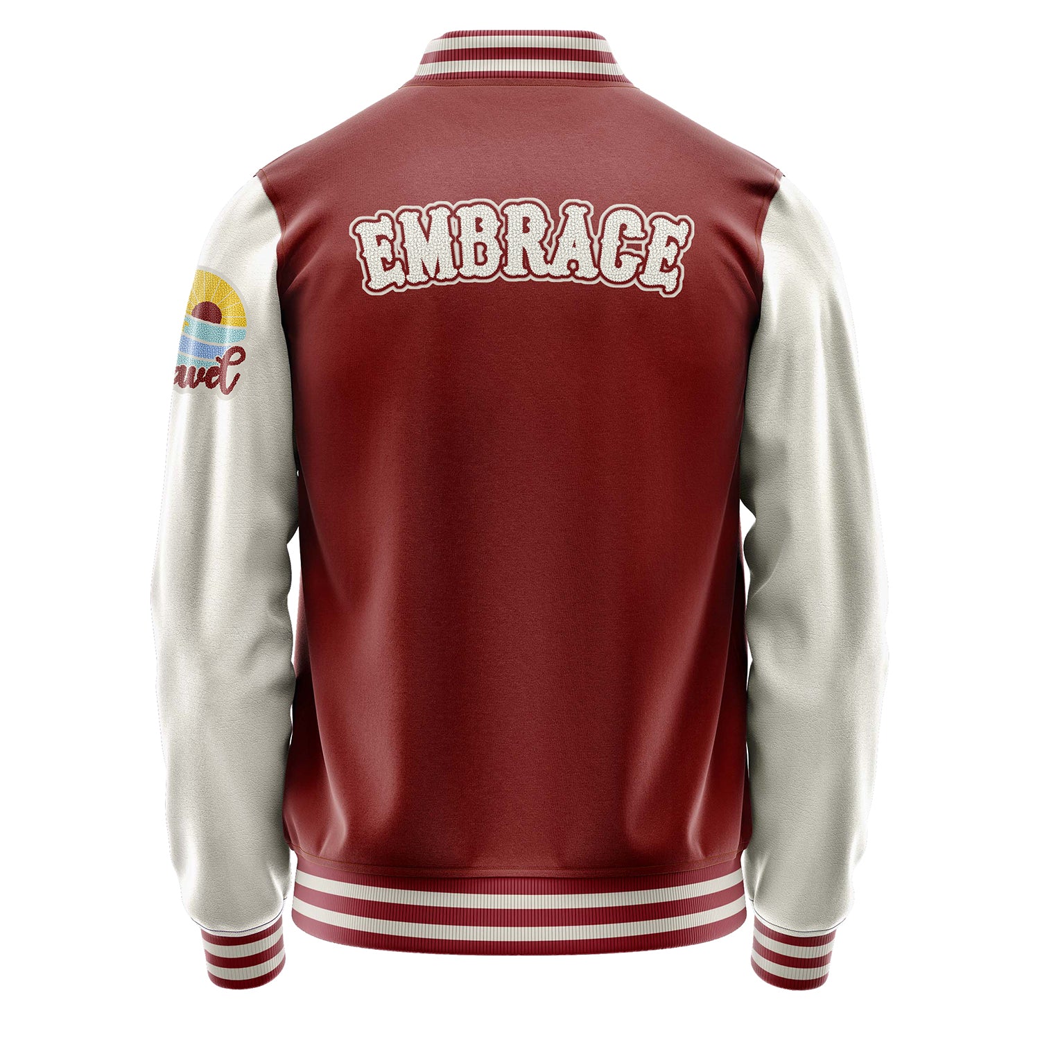 Custom Dark Red Varsity Jacket Patches Beige Leather Sleeves - Travel Insel