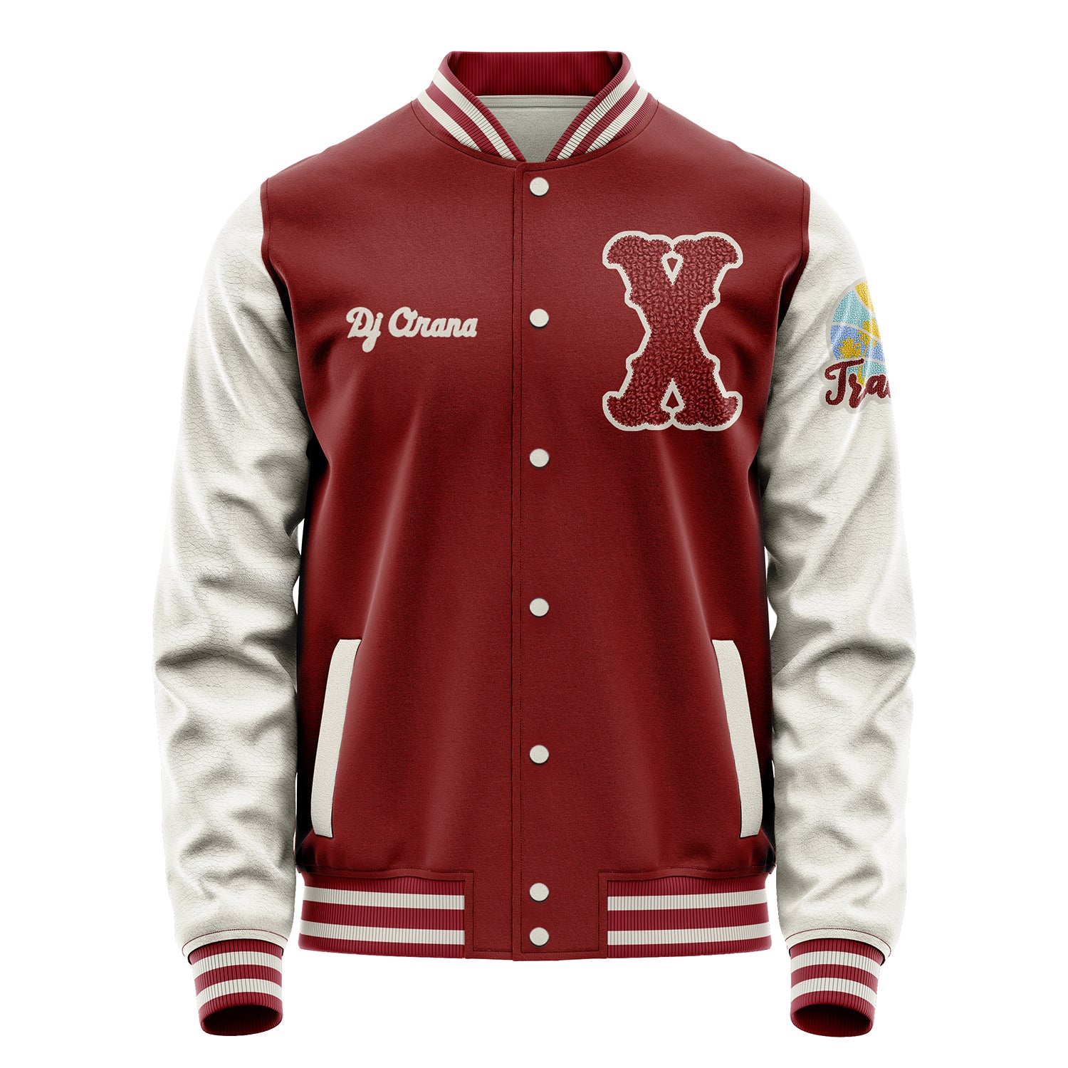 Custom Dark Red Varsity Jacket Patches Beige Leather Sleeves - Travel Insel