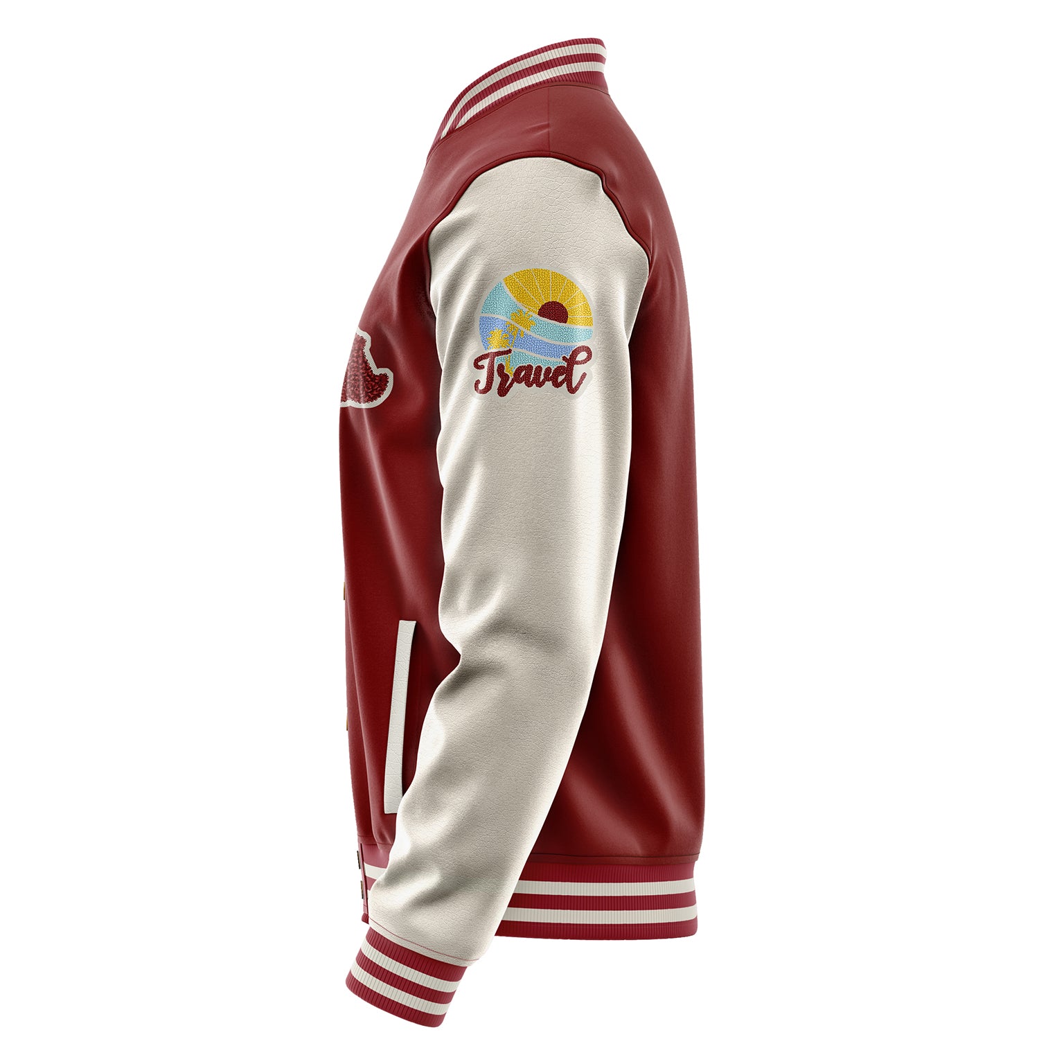 Custom Dark Red Varsity Jacket Patches Beige Leather Sleeves - Travel Insel