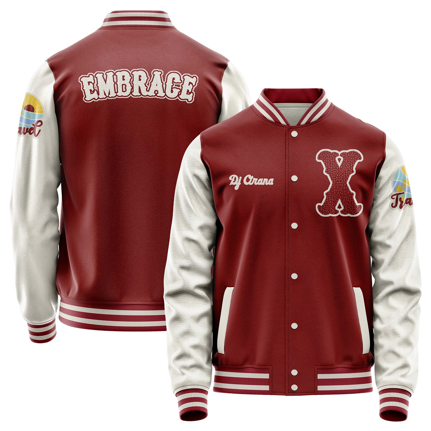 Custom Dark Red Varsity Jacket Patches Beige Leather Sleeves - Travel Insel