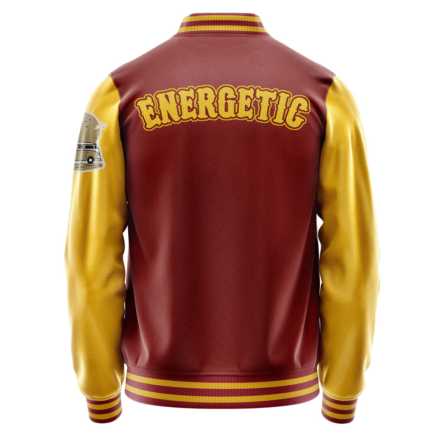 Custom Dark Red Varsity Jacket Patches Egg Yellow Leather Sleeves - Bus