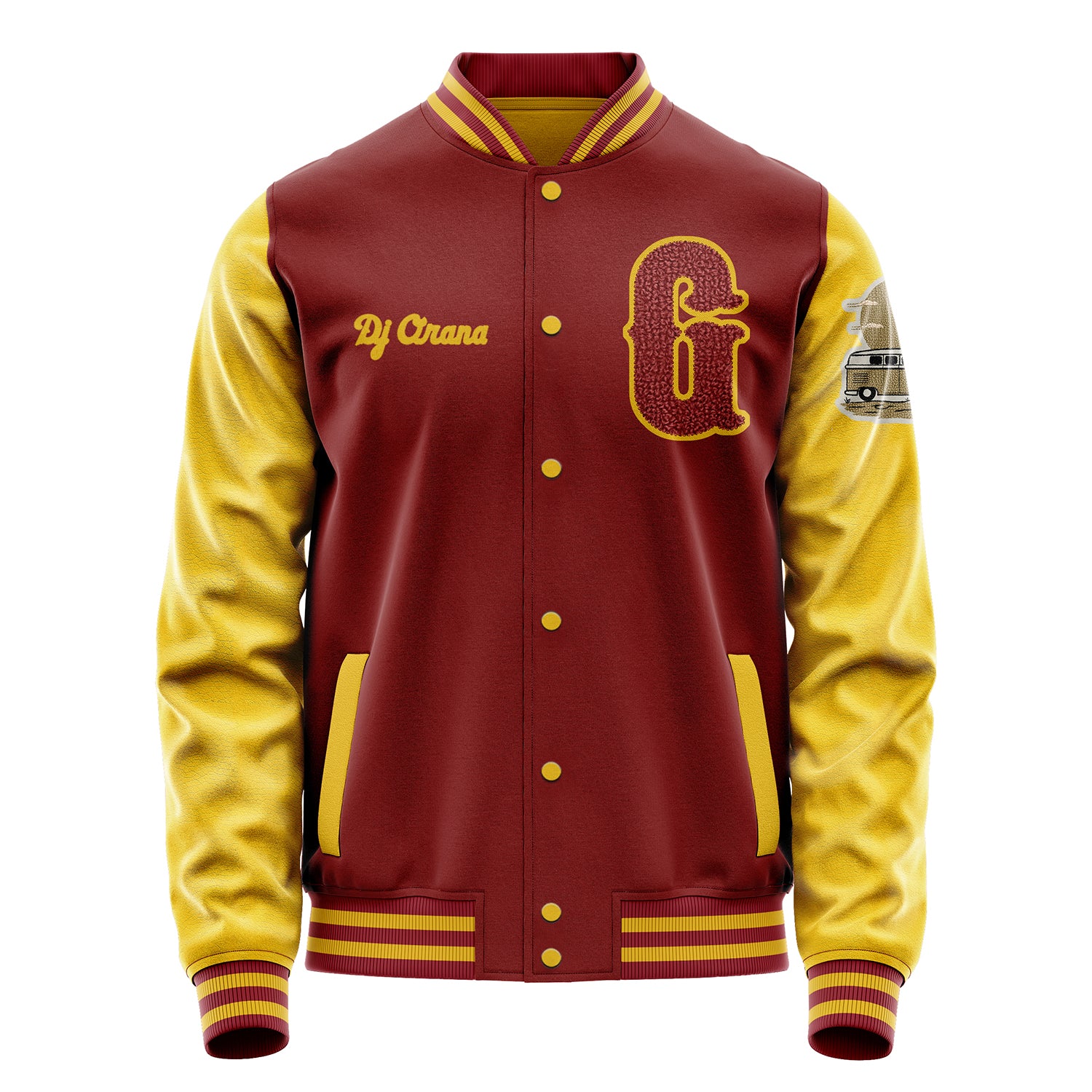 Custom Dark Red Varsity Jacket Patches Egg Yellow Leather Sleeves - Bus