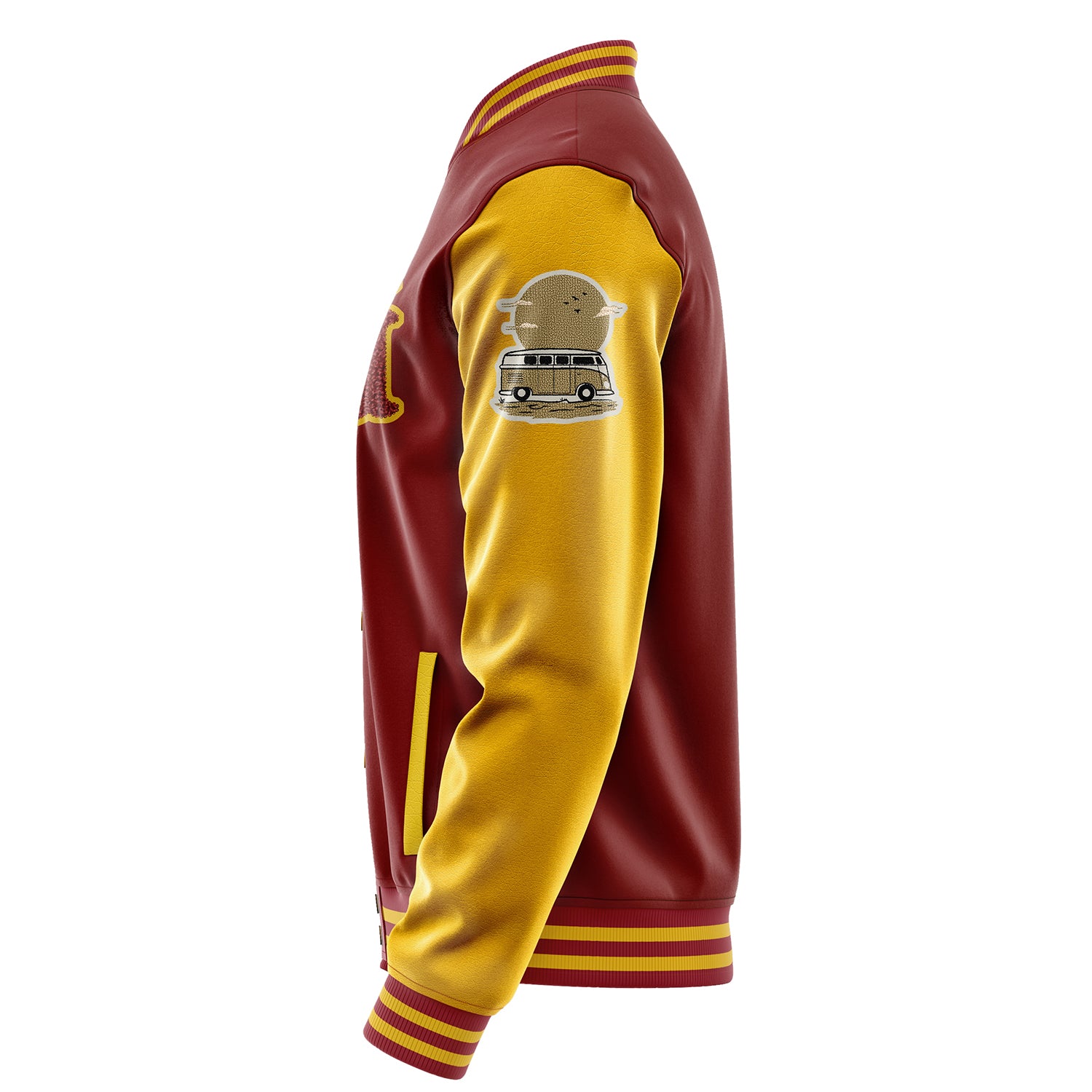 Custom Dark Red Varsity Jacket Patches Egg Yellow Leather Sleeves - Bus