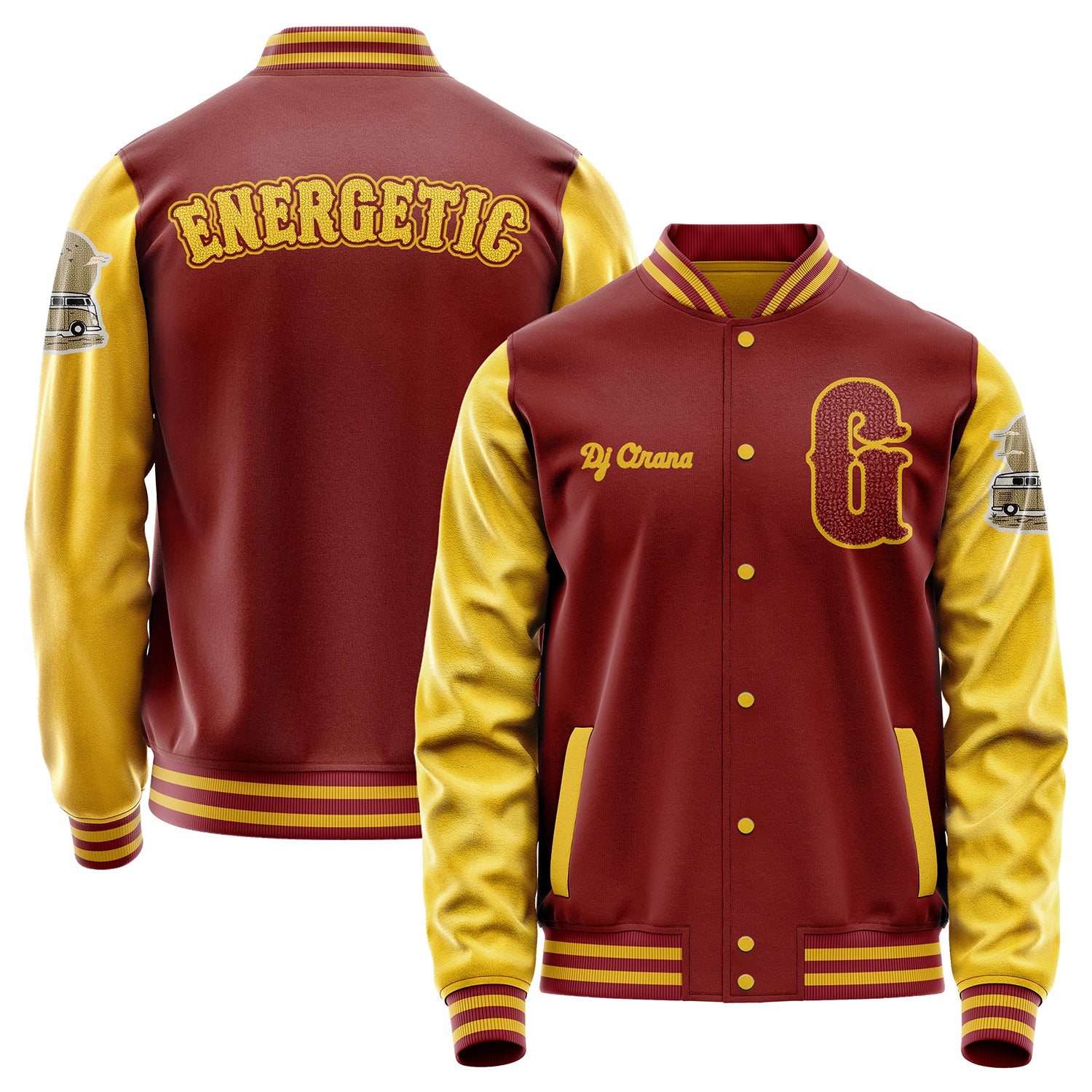 Custom Dark Red Varsity Jacket Patches Egg Yellow Leather Sleeves - Bus