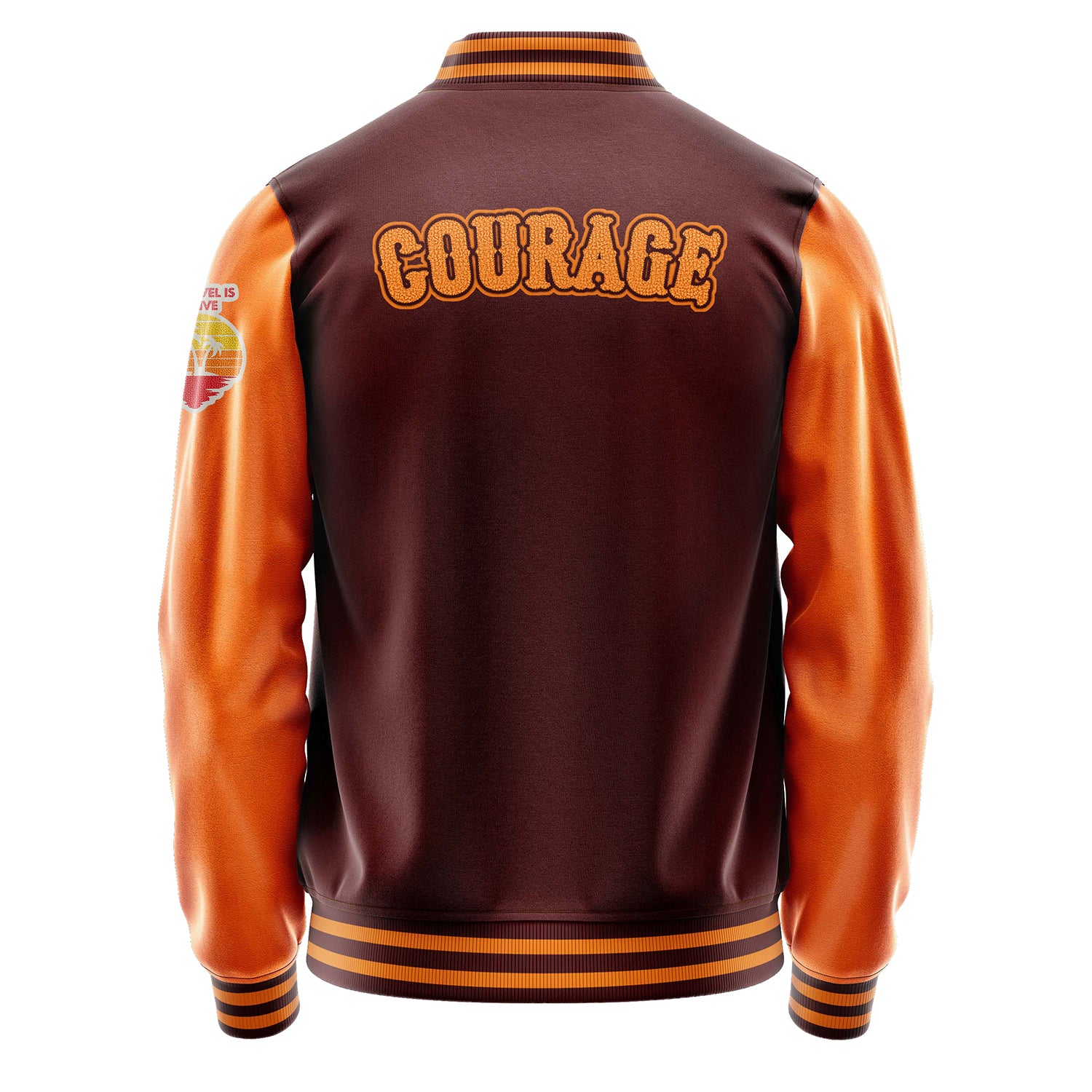 Custom Wine Red Varsity Jacket Patches Orange Leather Sleeves - To Travel is to Live