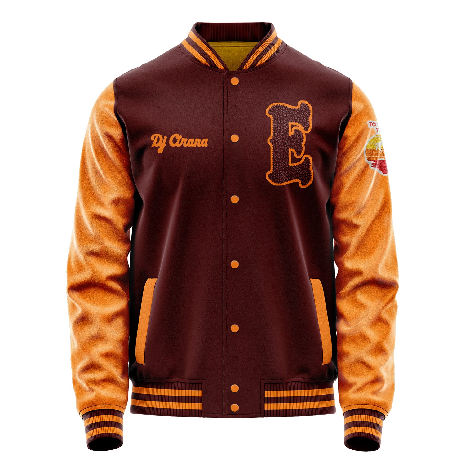 Custom Wine Red Varsity Jacket Patches Orange Leather Sleeves - To Travel is to Live