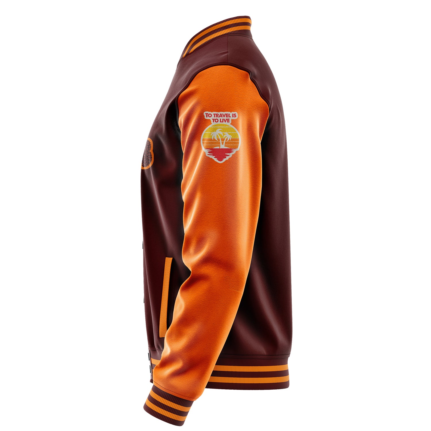 Custom Wine Red Varsity Jacket Patches Orange Leather Sleeves - To Travel is to Live