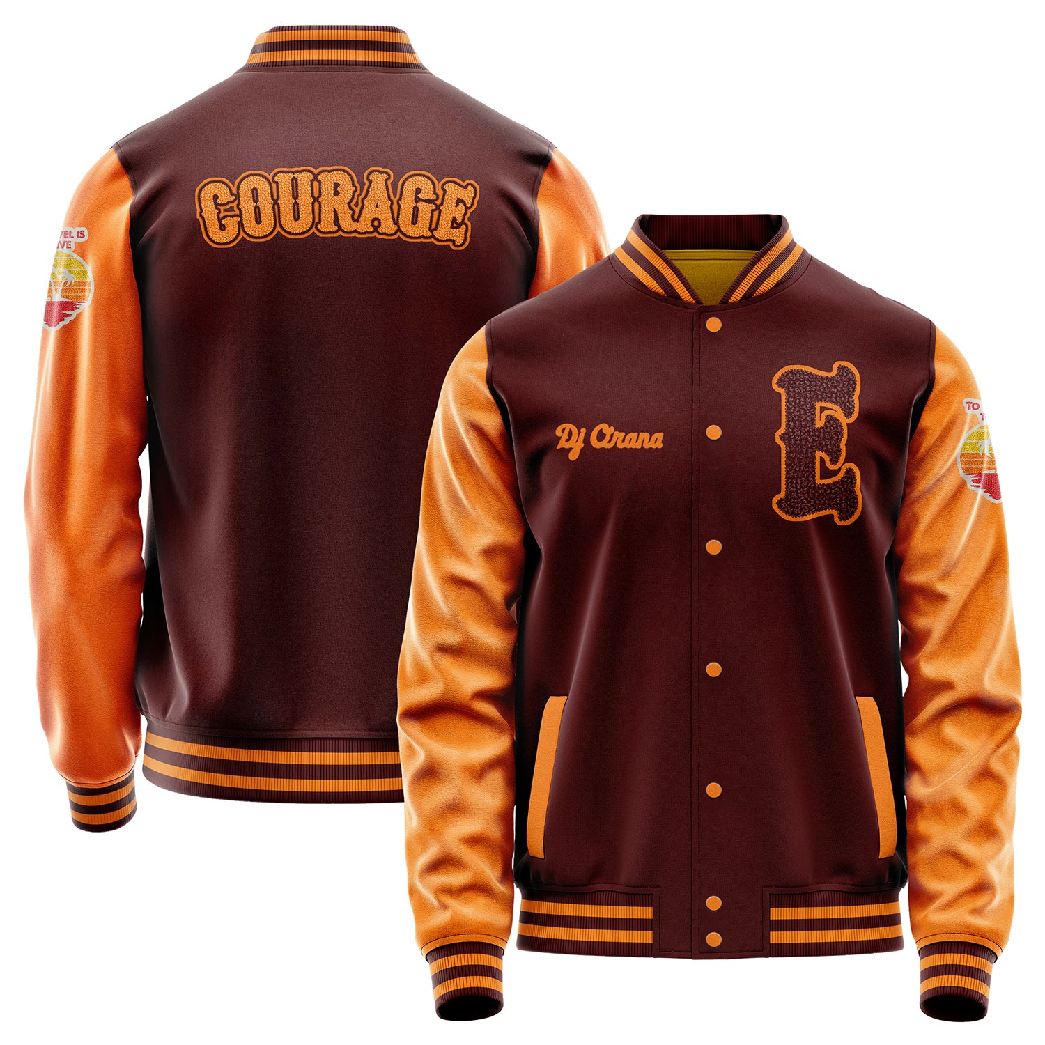 Custom Wine Red Varsity Jacket Patches Orange Leather Sleeves - To Travel is to Live