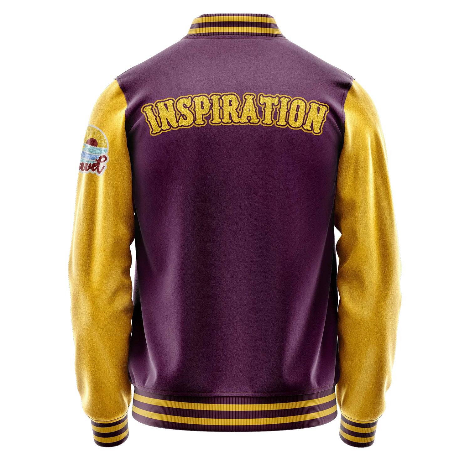 Custom Purple Varsity Jacket Patches Egg Yellow Leather Sleeves - Travel Insel