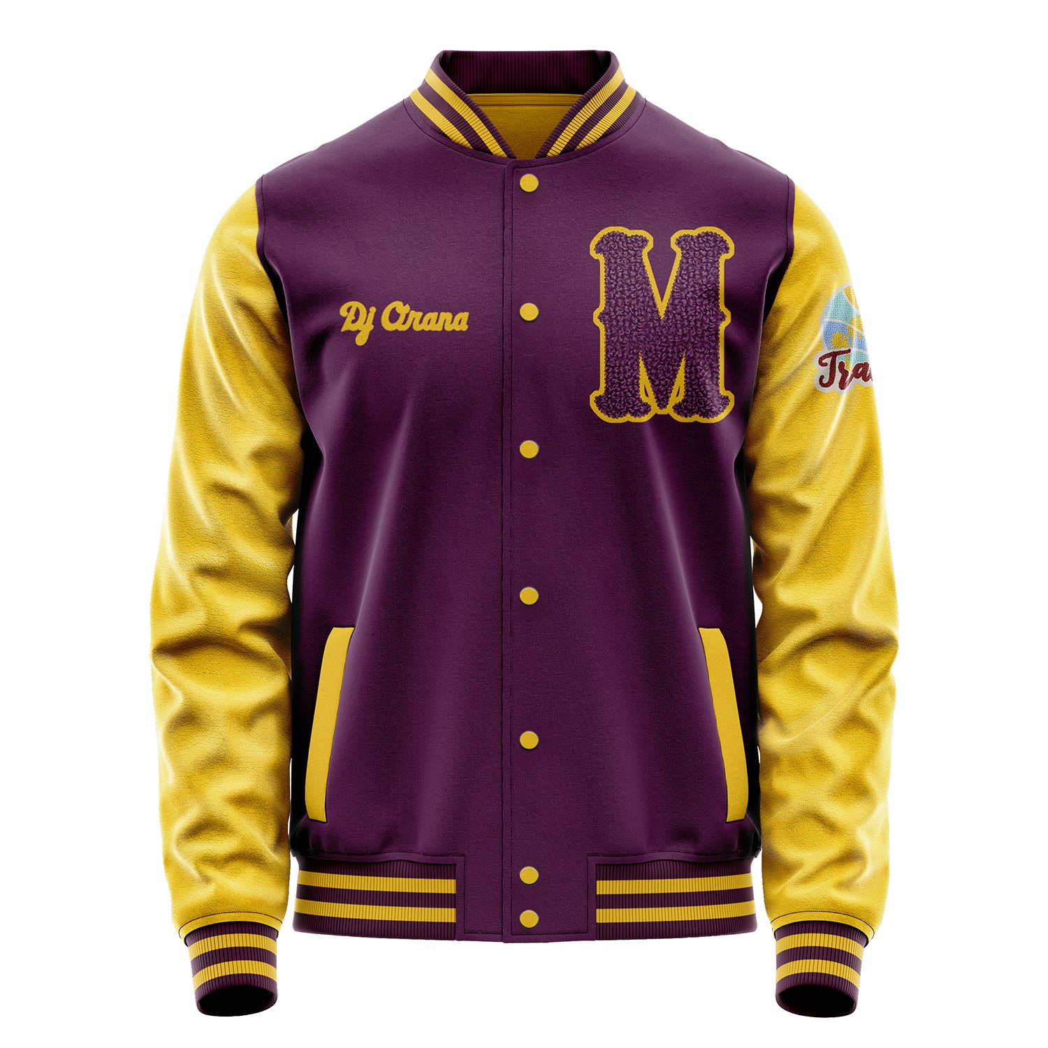 Custom Purple Varsity Jacket Patches Egg Yellow Leather Sleeves - Travel Insel