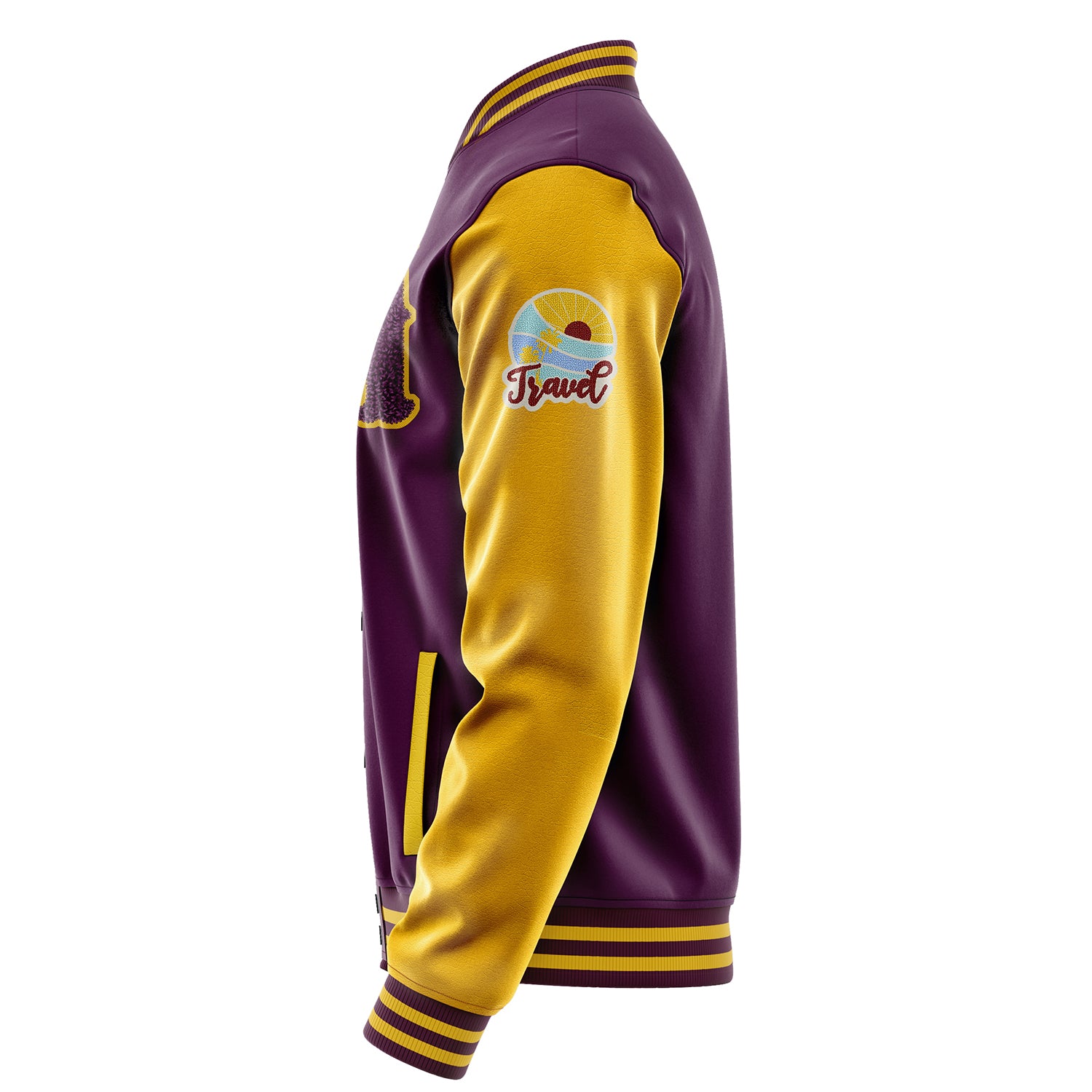 Custom Purple Varsity Jacket Patches Egg Yellow Leather Sleeves - Travel Insel