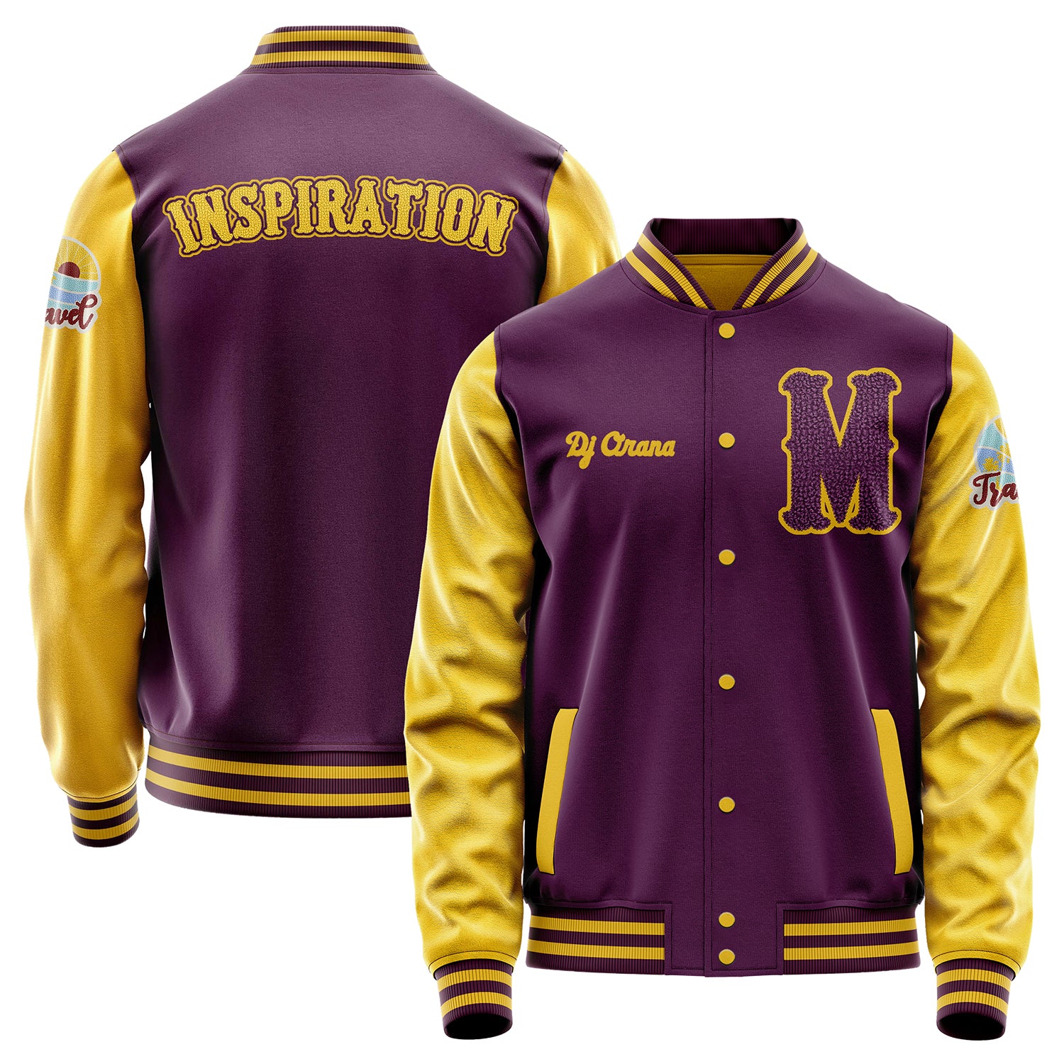 Custom Purple Varsity Jacket Patches Egg Yellow Leather Sleeves - Travel Insel