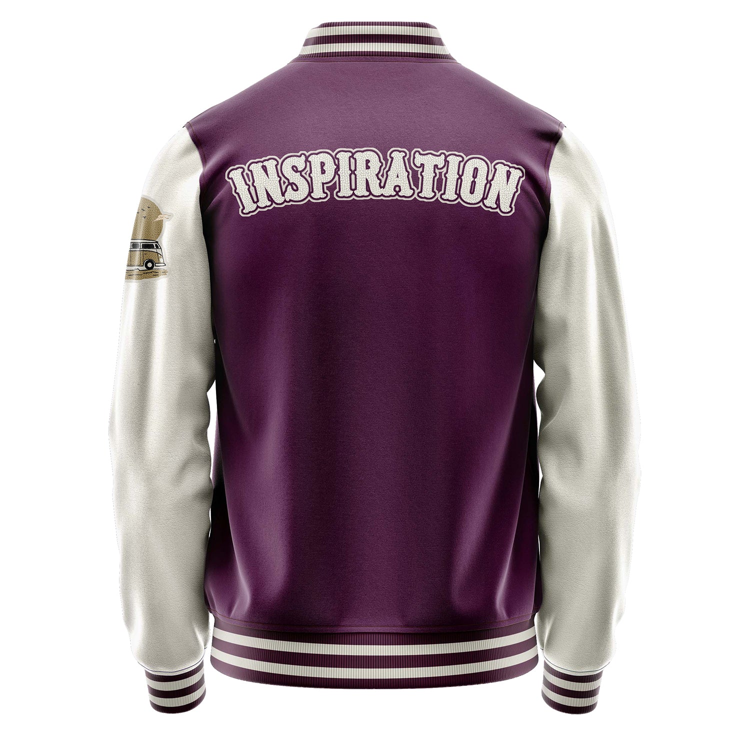 Custom Purple Varsity Jacket Patches Beige Leather Sleeves - Bus