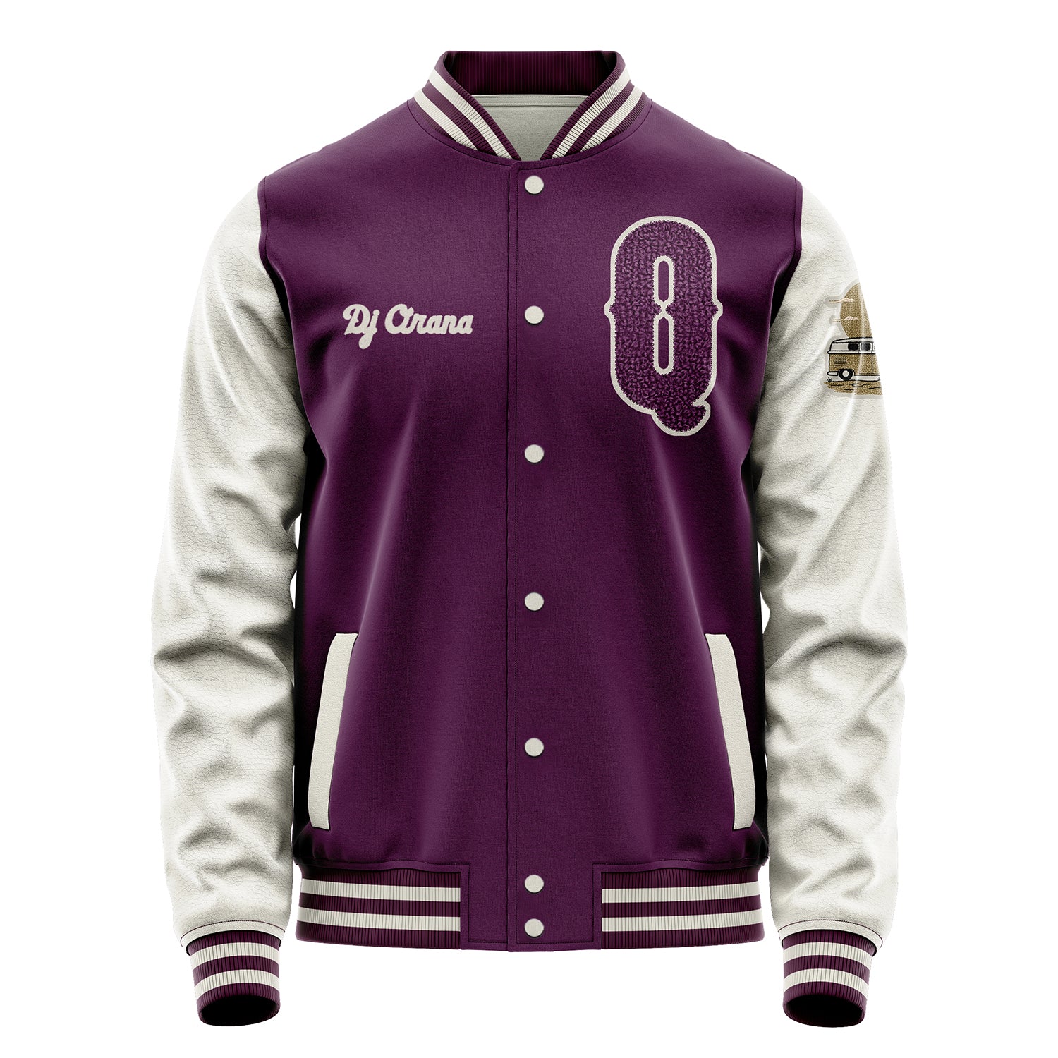 Custom Purple Varsity Jacket Patches Beige Leather Sleeves - Bus