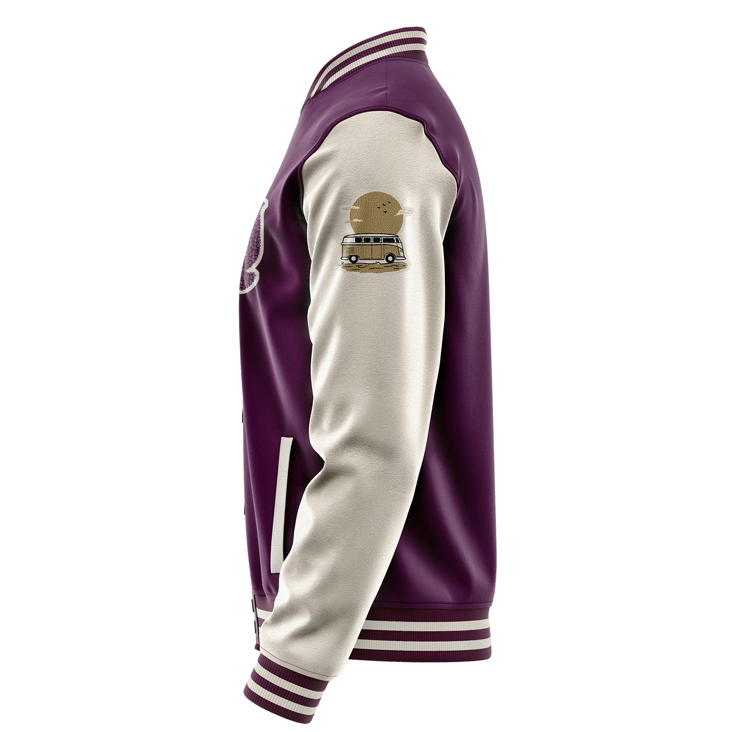 Custom Purple Varsity Jacket Patches Beige Leather Sleeves - Bus
