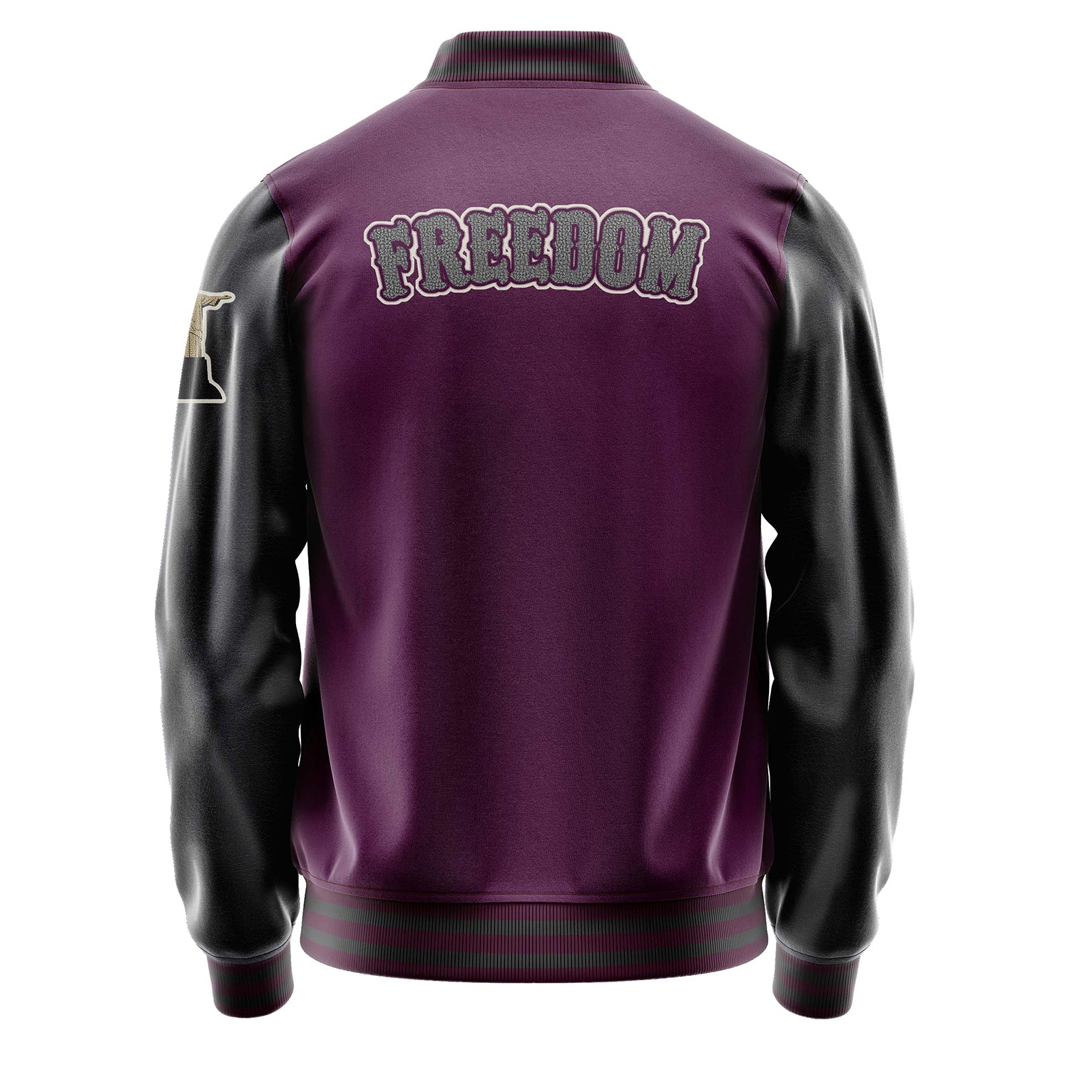 Custom Purple Varsity Jacket Patches Dark Gray Leather Sleeves - Statues