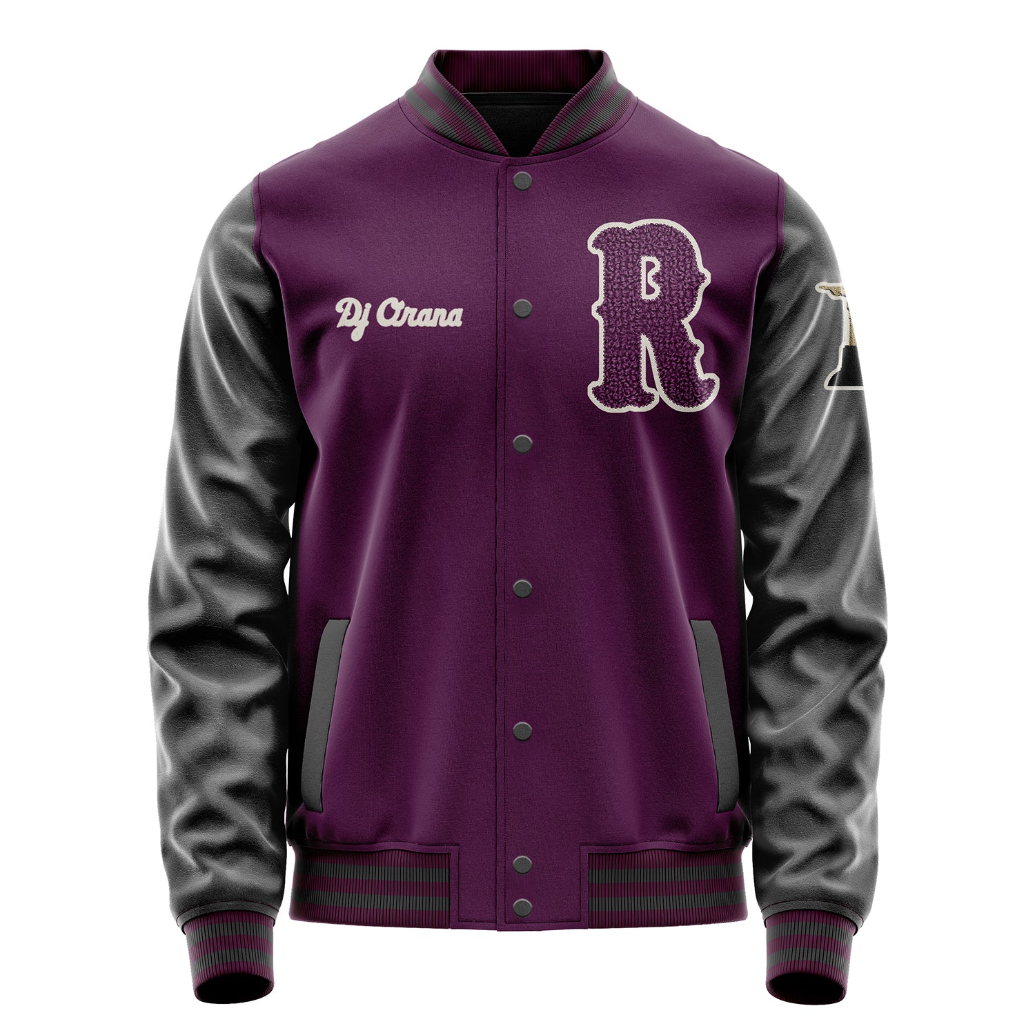 Custom Purple Varsity Jacket Patches Dark Gray Leather Sleeves - Statues