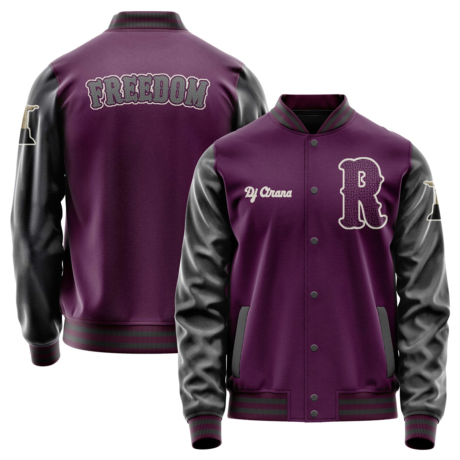 Custom Purple Varsity Jacket Patches Dark Gray Leather Sleeves - Statues