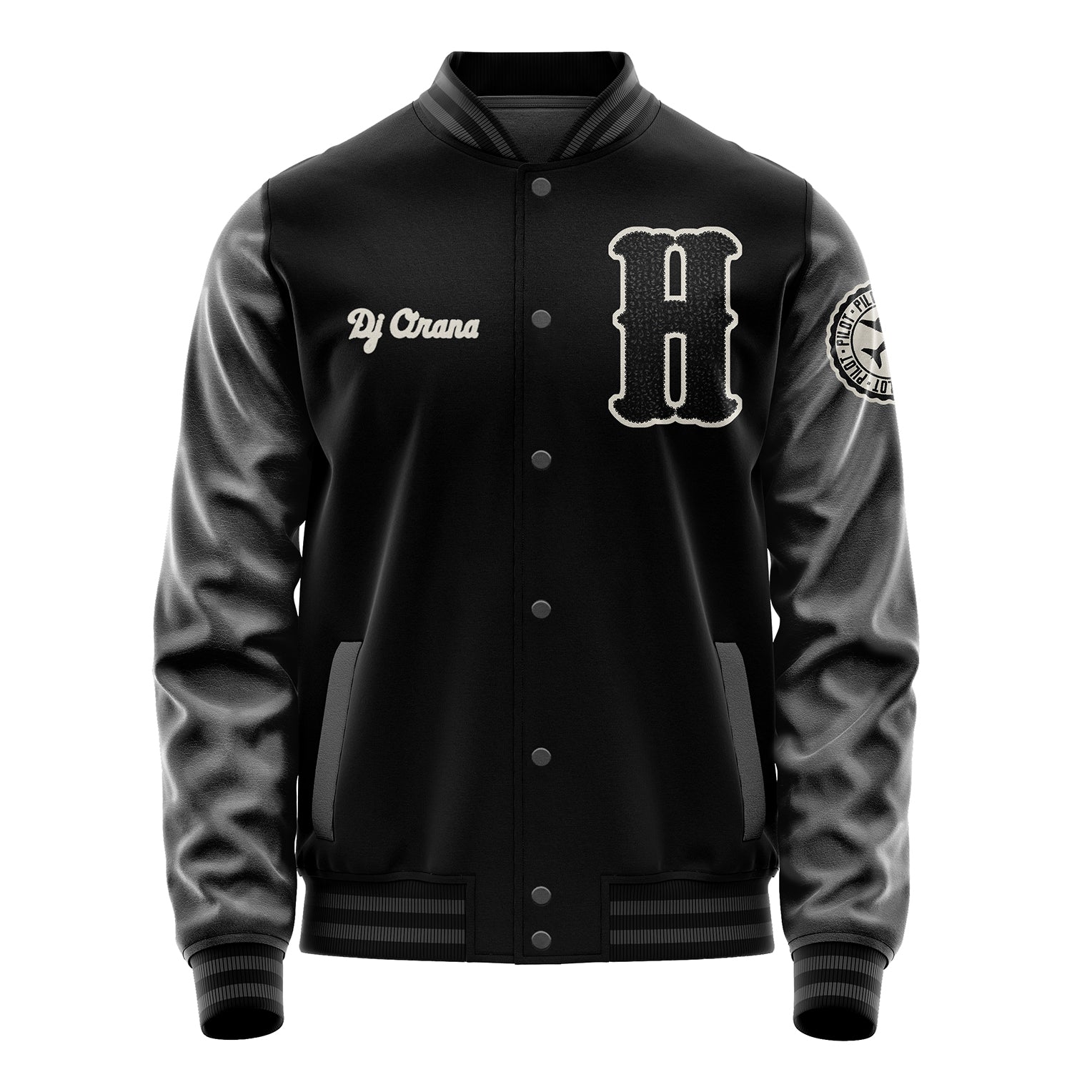 Custom Black Varsity Jacket Patches Dark Gray Leather Sleeves - Badge