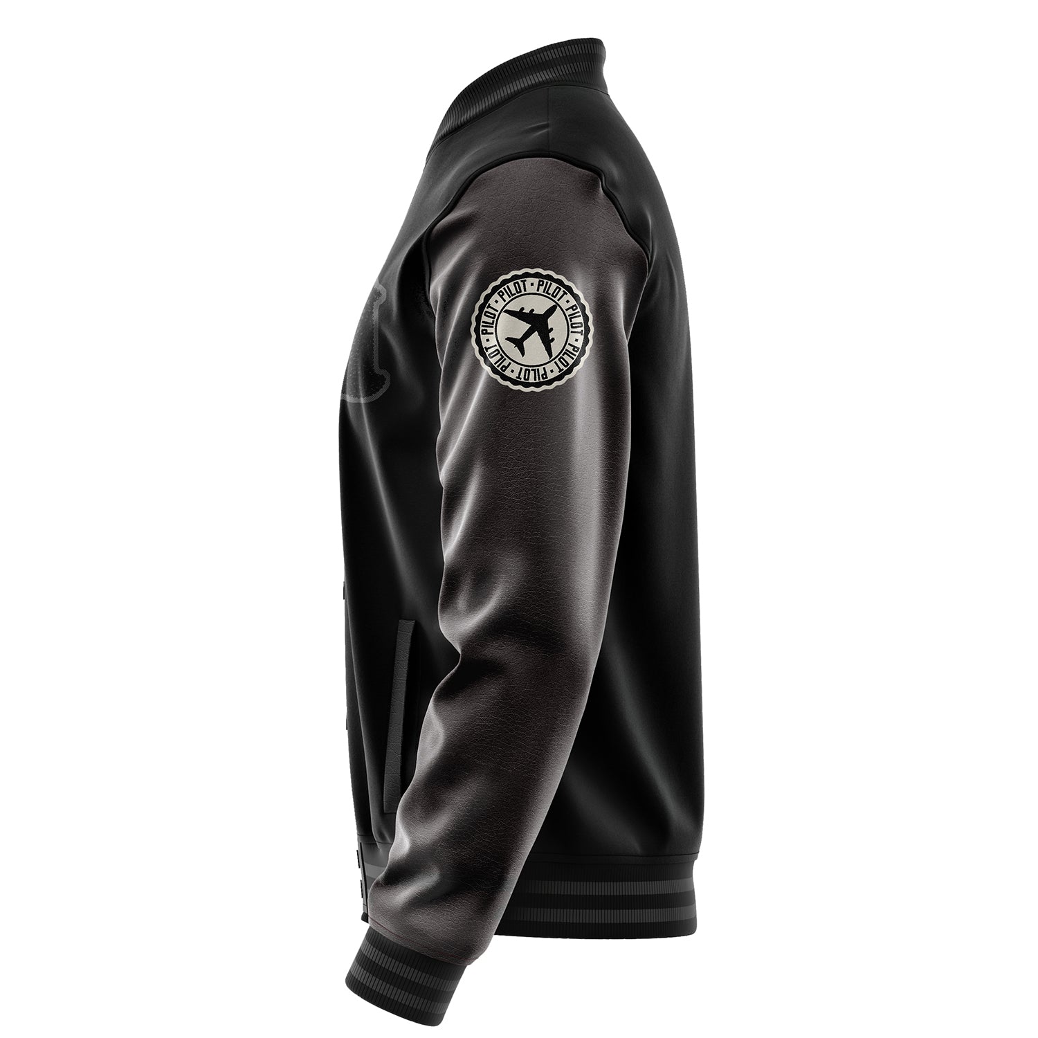 Custom Black Varsity Jacket Patches Dark Gray Leather Sleeves - Badge