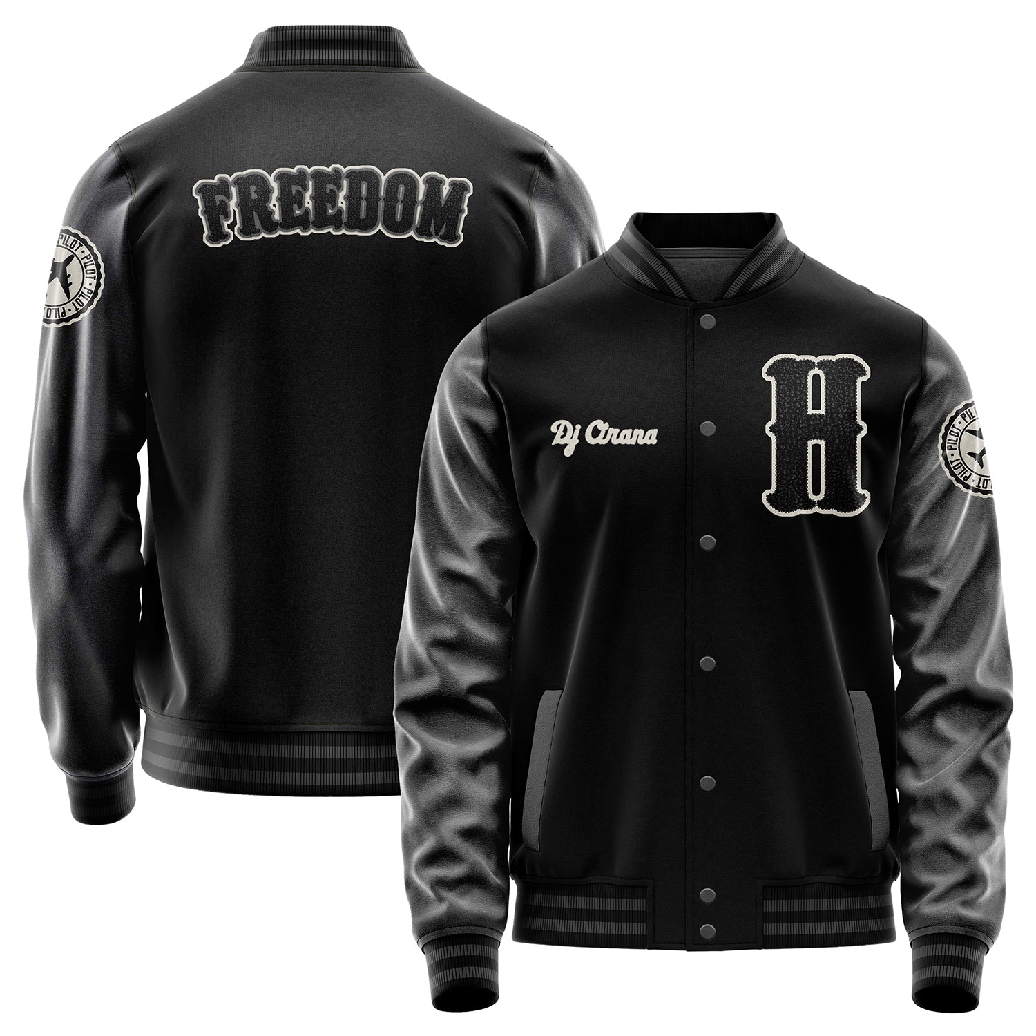 Custom Black Varsity Jacket Patches Dark Gray Leather Sleeves - Badge