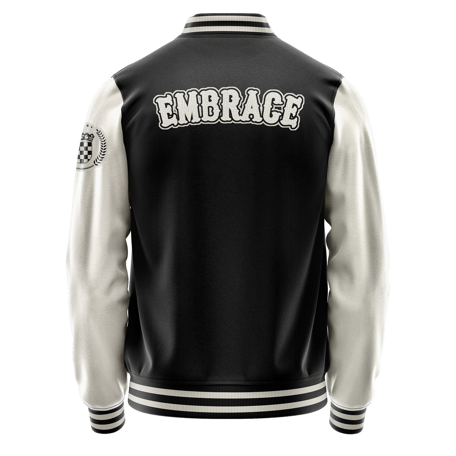 Custom Black Varsity Jacket Patches Beige Leather Sleeves - Badge