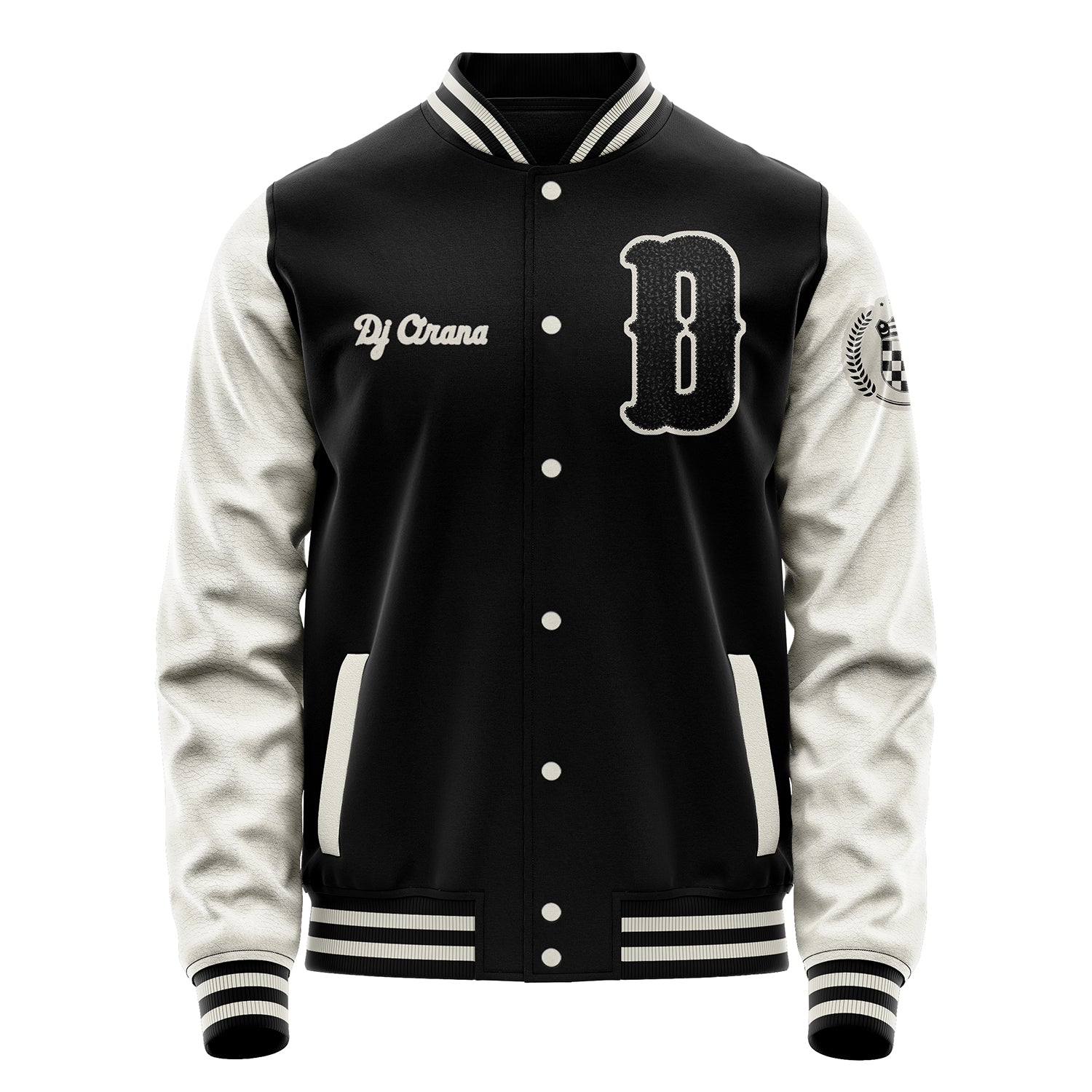 Custom Black Varsity Jacket Patches Beige Leather Sleeves - Badge