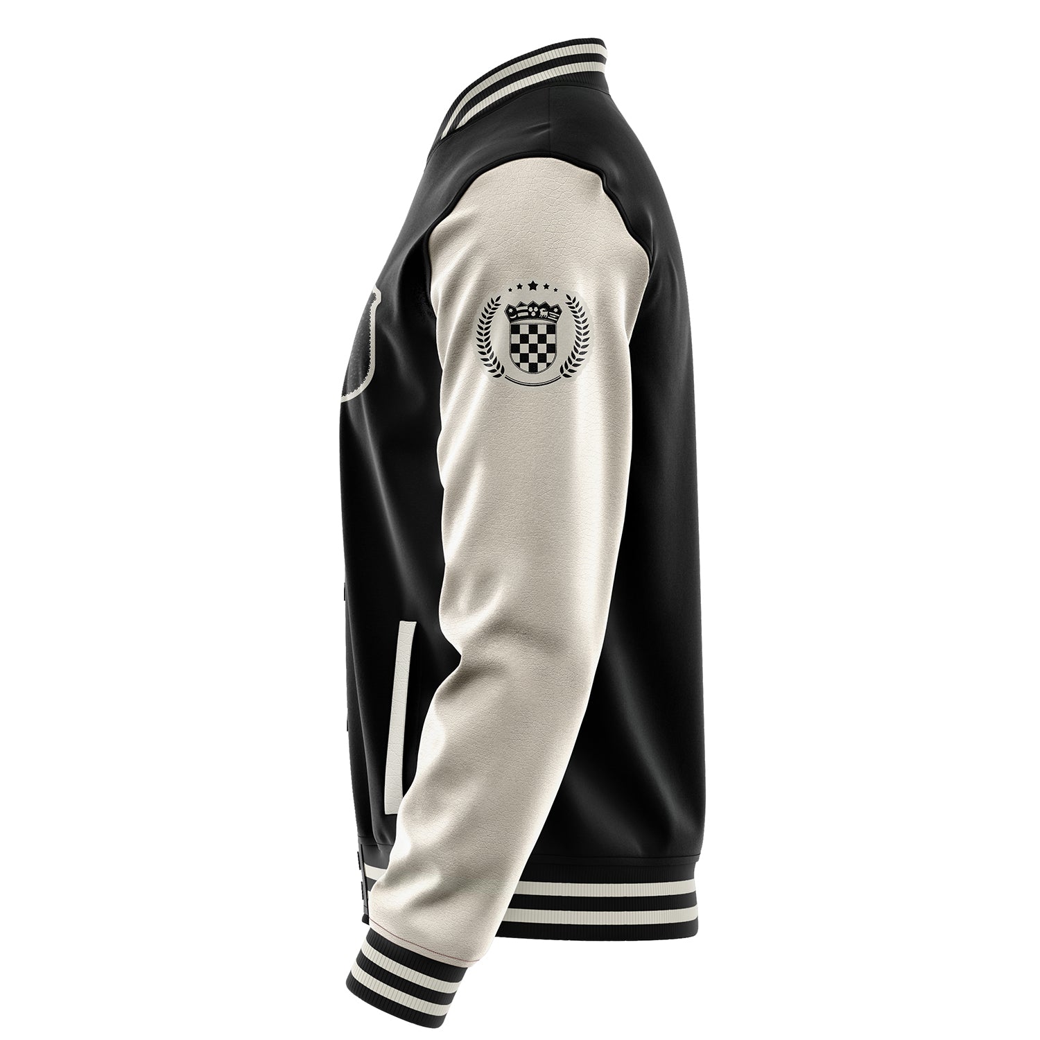 Custom Black Varsity Jacket Patches Beige Leather Sleeves - Badge