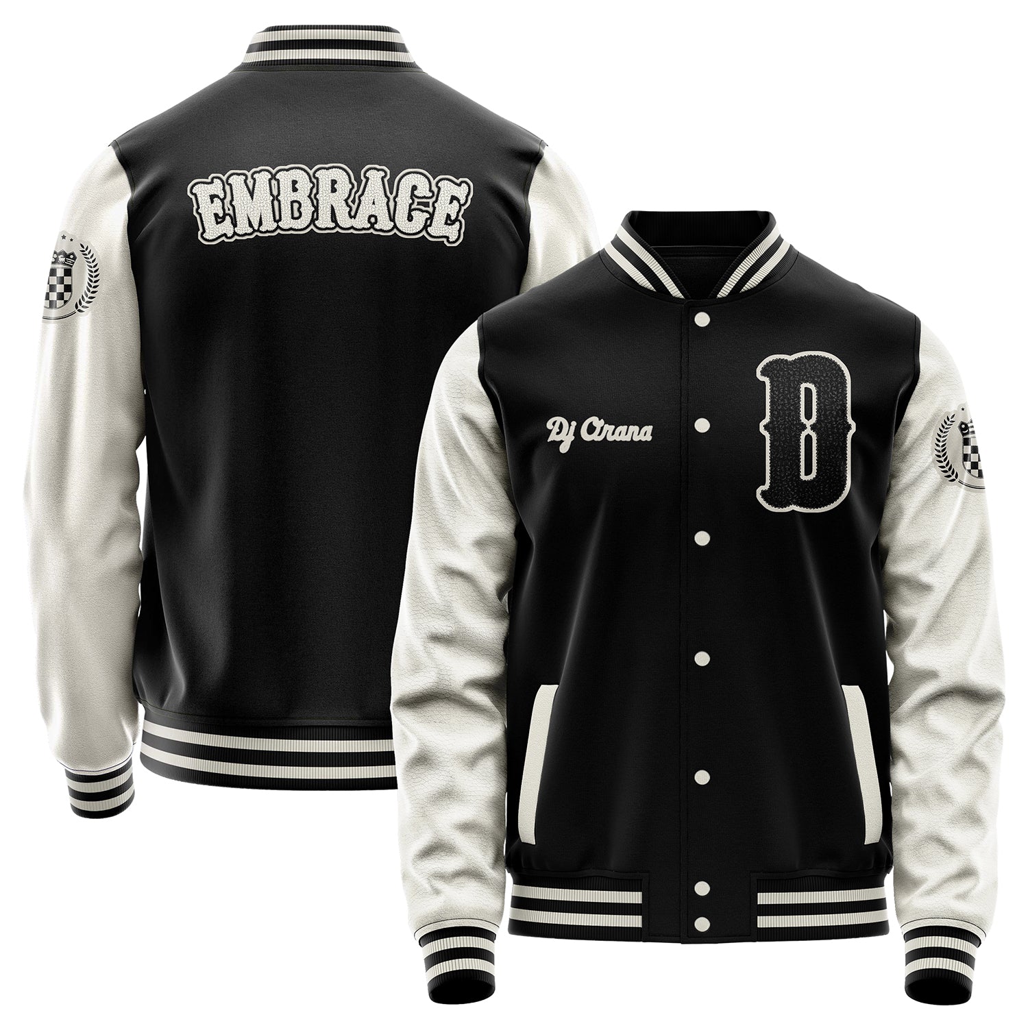 Custom Black Varsity Jacket Patches Beige Leather Sleeves - Badge