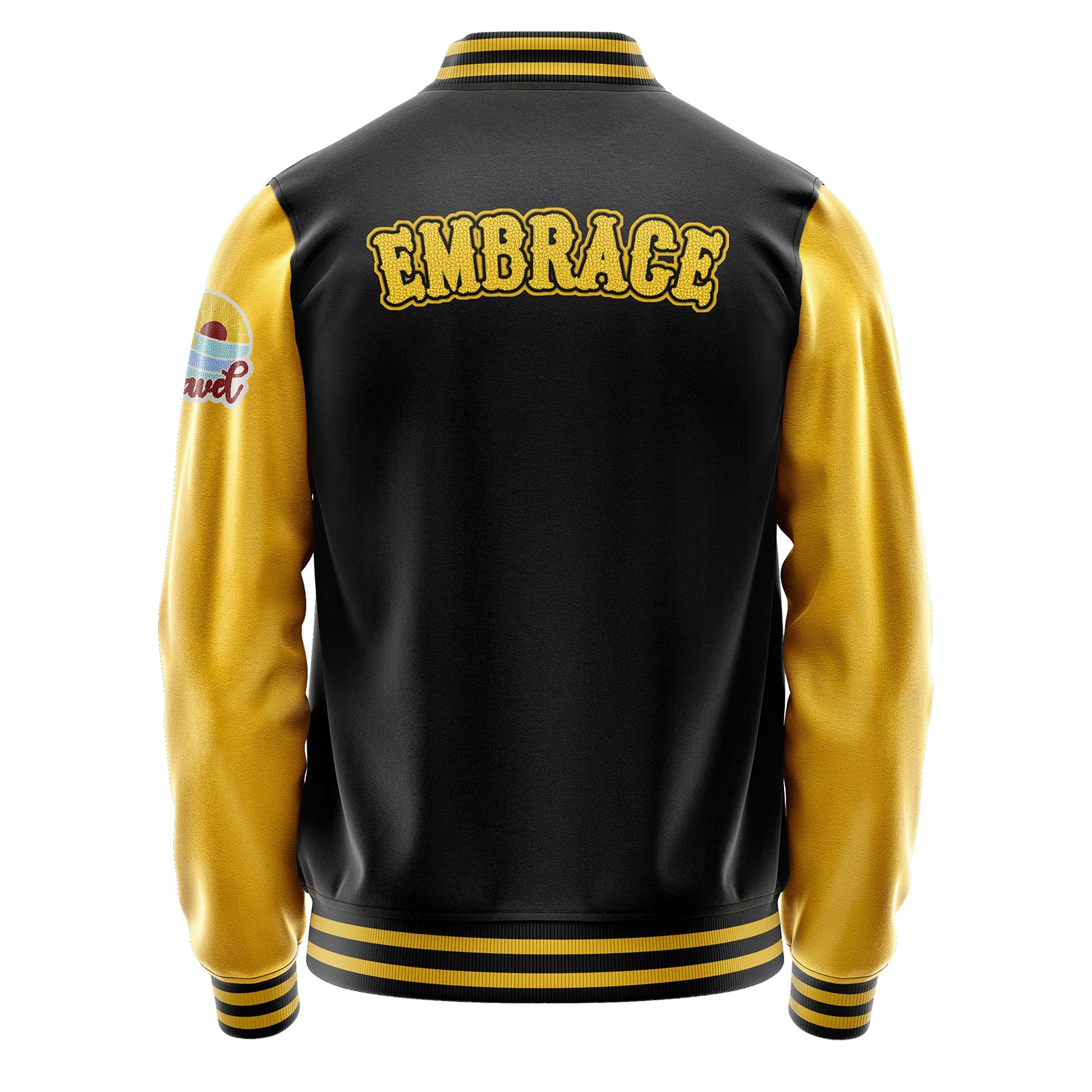 Custom Black Varsity Jacket Patches Egg Yellow Leather Sleeves - Travel Insel