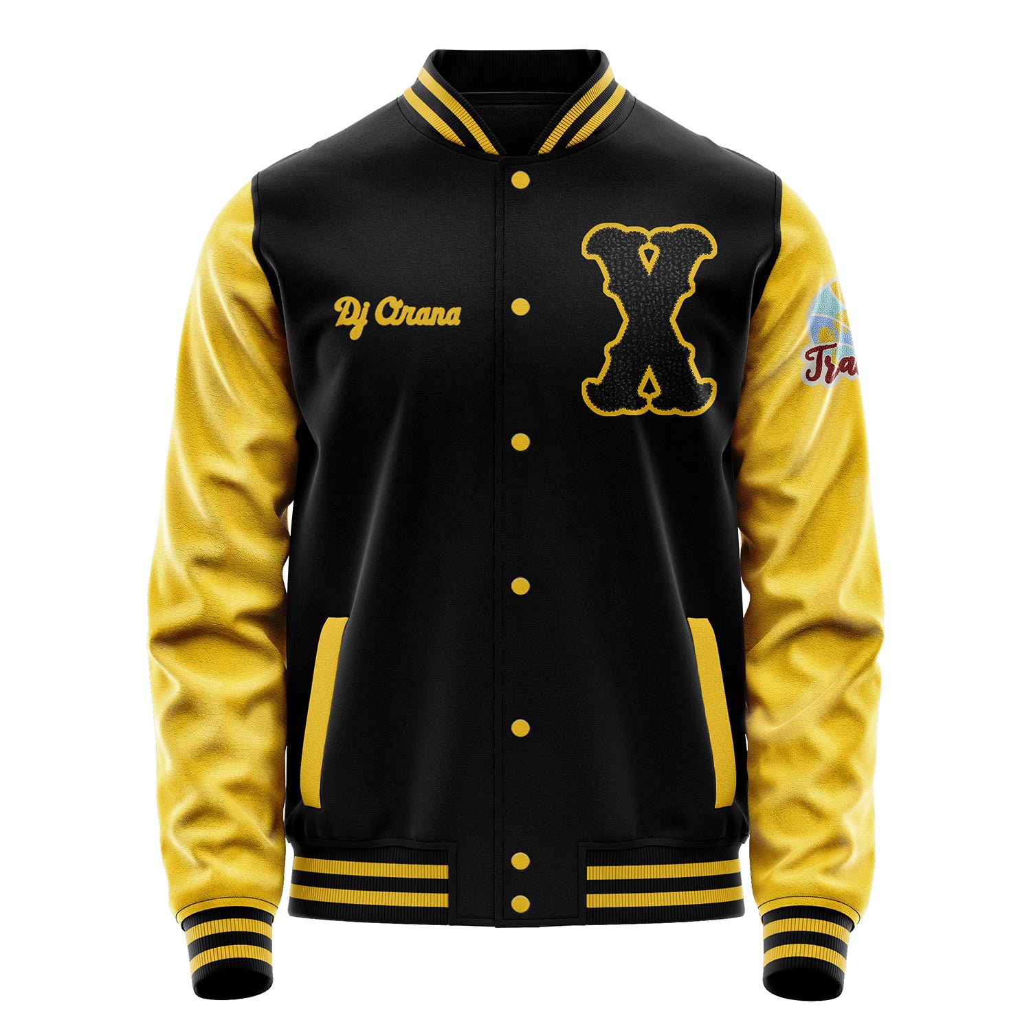 Custom Black Varsity Jacket Patches Egg Yellow Leather Sleeves - Travel Insel