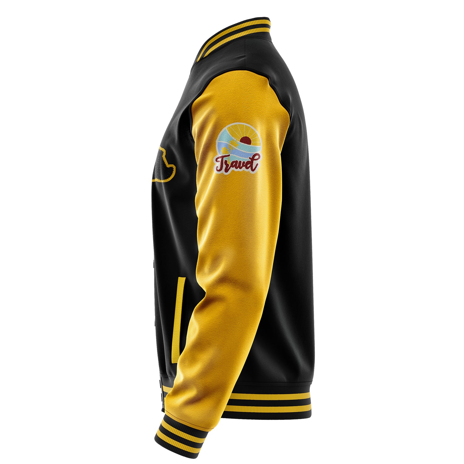 Custom Black Varsity Jacket Patches Egg Yellow Leather Sleeves - Travel Insel