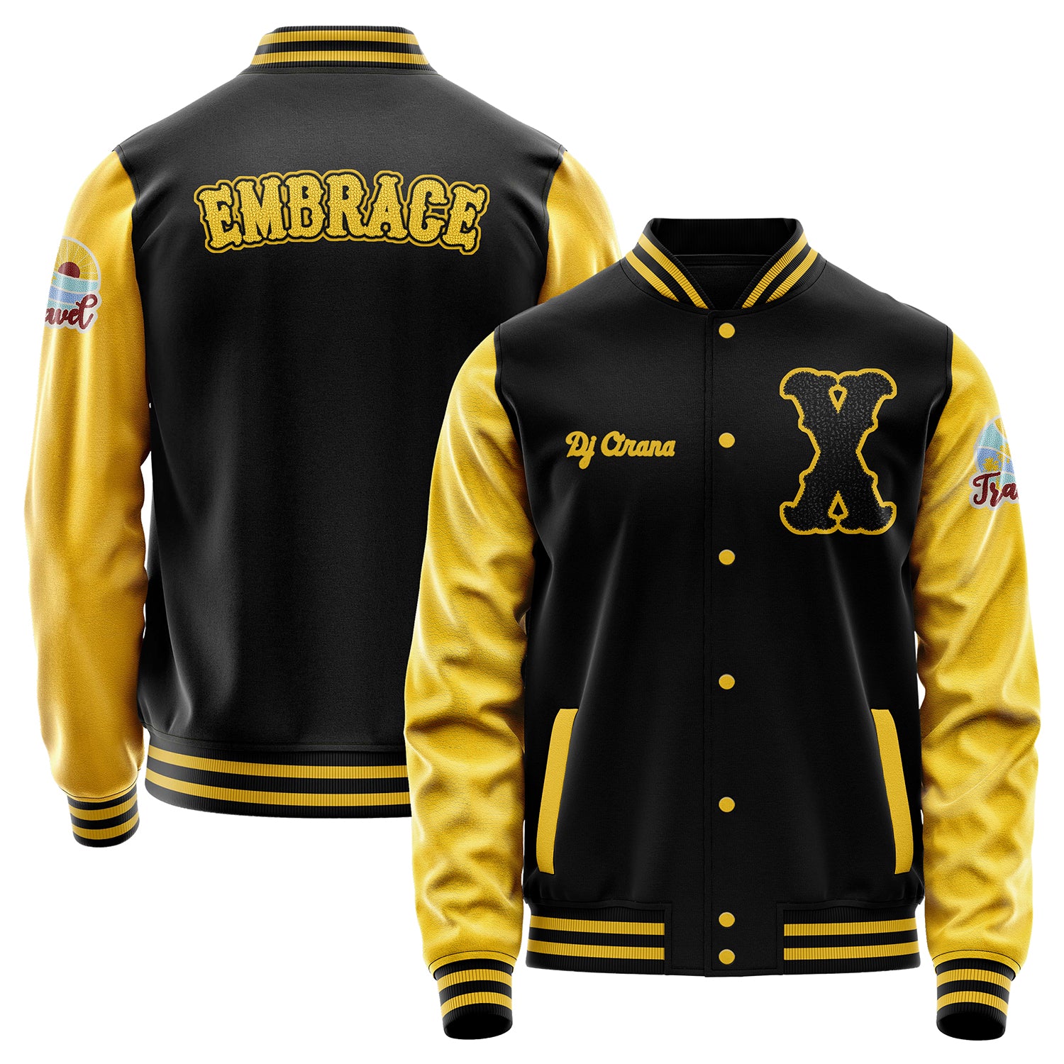 Custom Black Varsity Jacket Patches Egg Yellow Leather Sleeves - Travel Insel