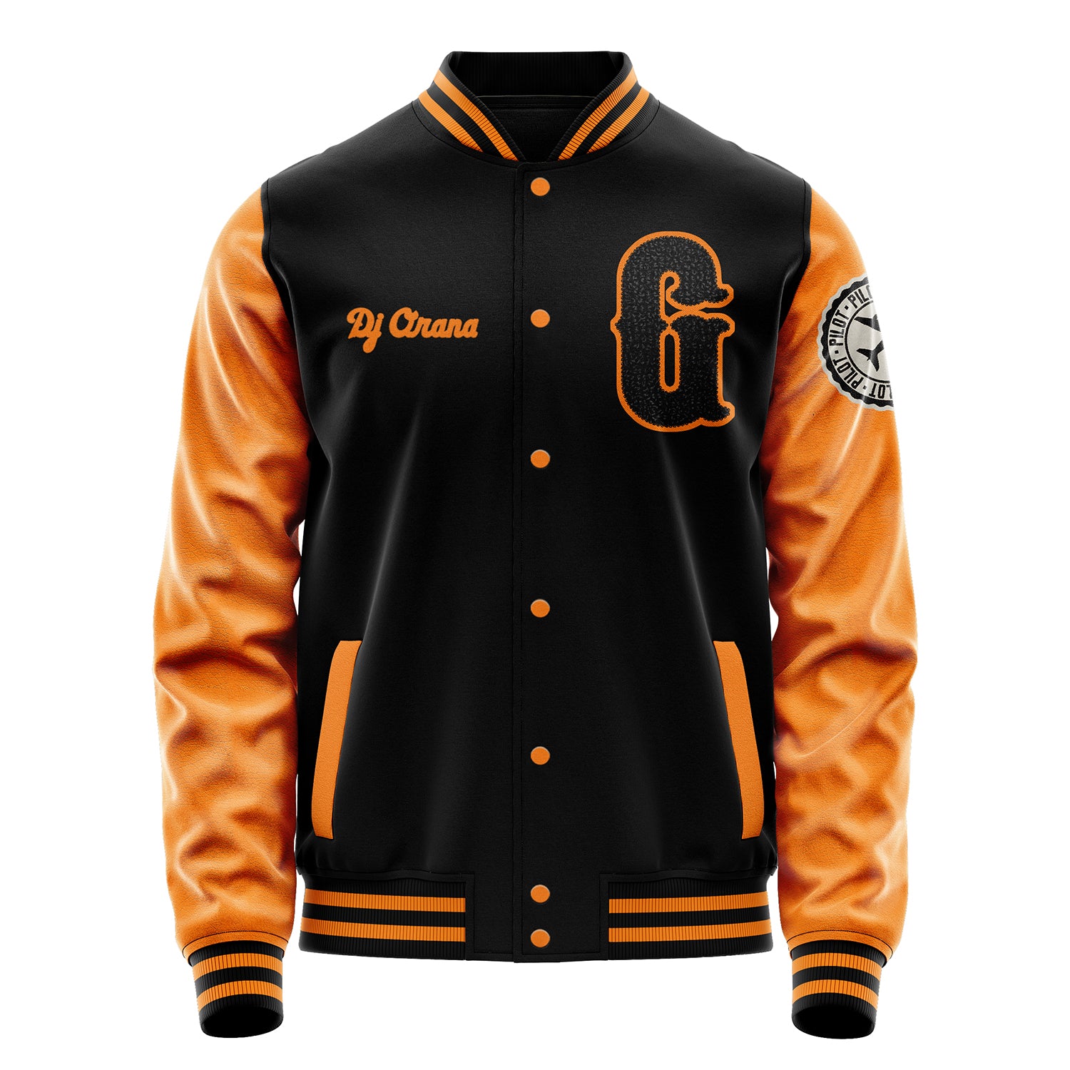 Custom Black Varsity Jacket Patches Orange Leather Sleeves - Badge