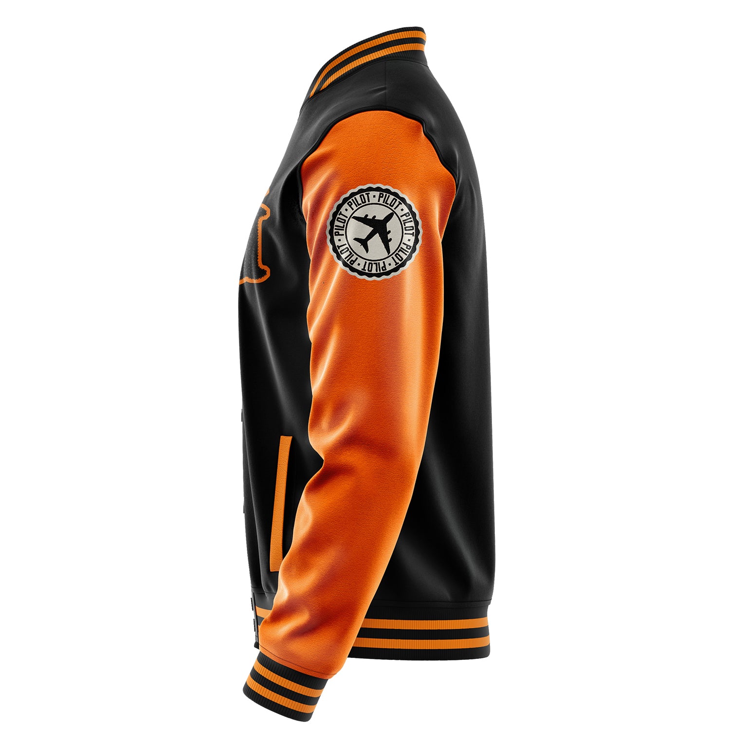 Custom Black Varsity Jacket Patches Orange Leather Sleeves - Badge
