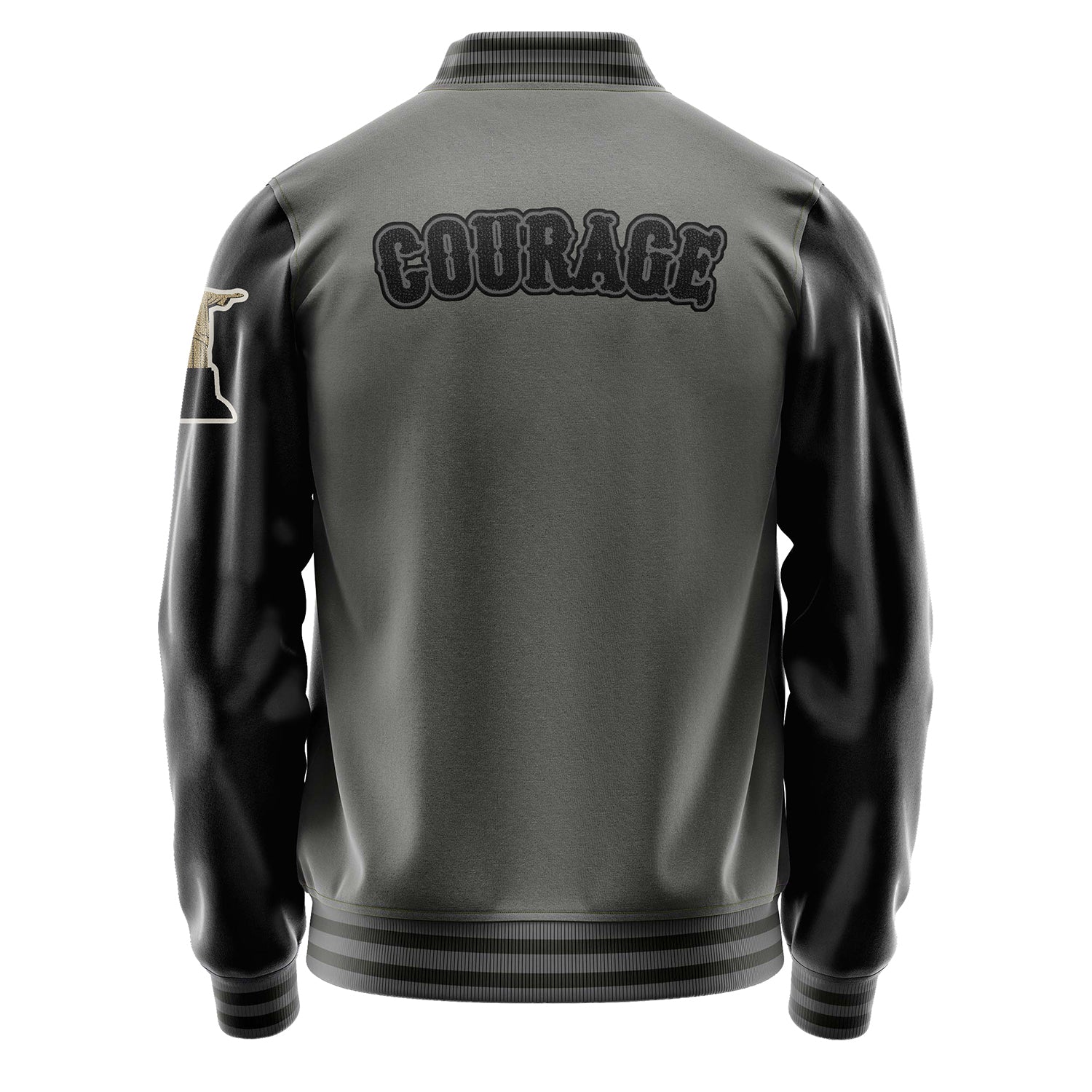 Custom Gray Varsity Jacket Patches Black Leather Sleeves - Statues