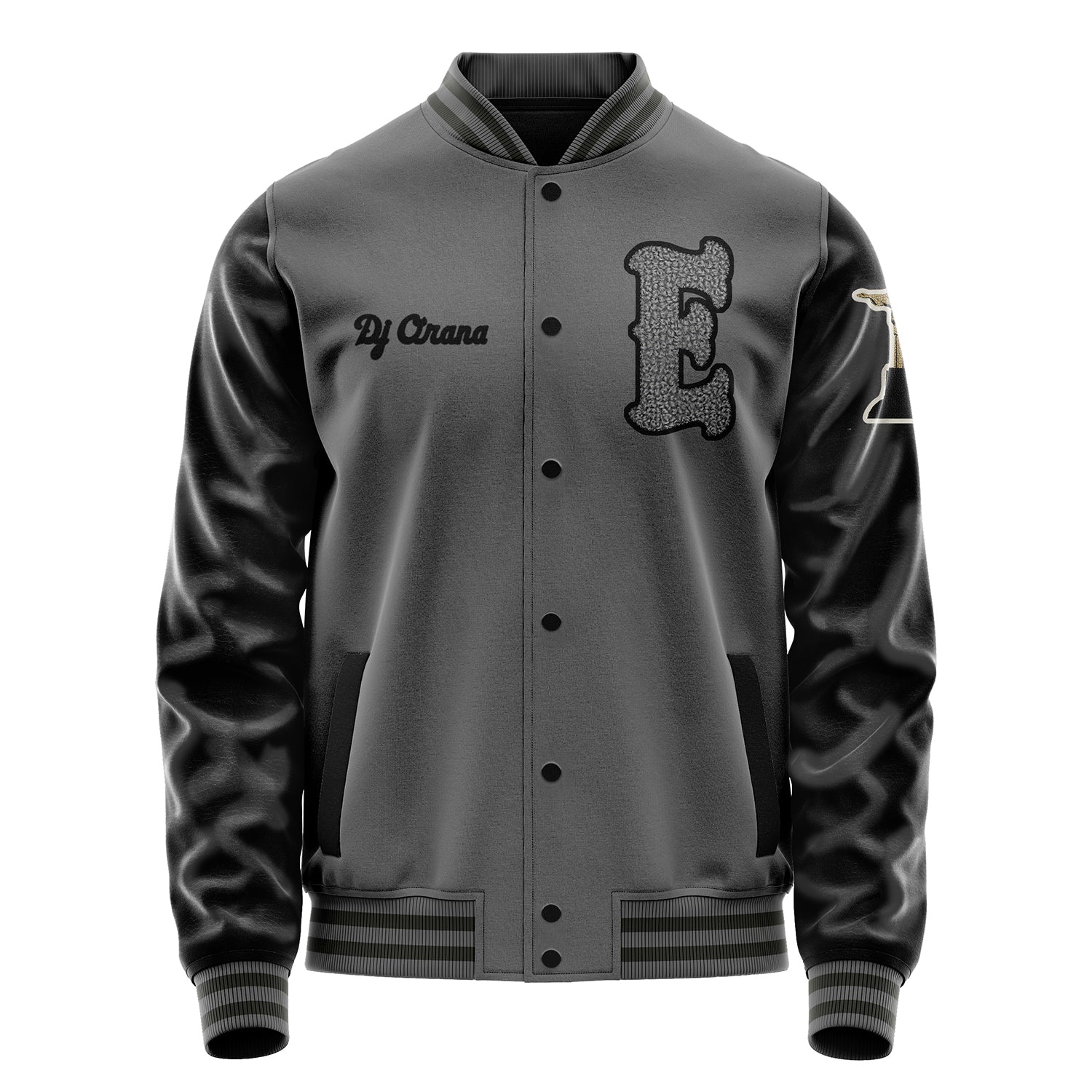 Custom Gray Varsity Jacket Patches Black Leather Sleeves - Statues