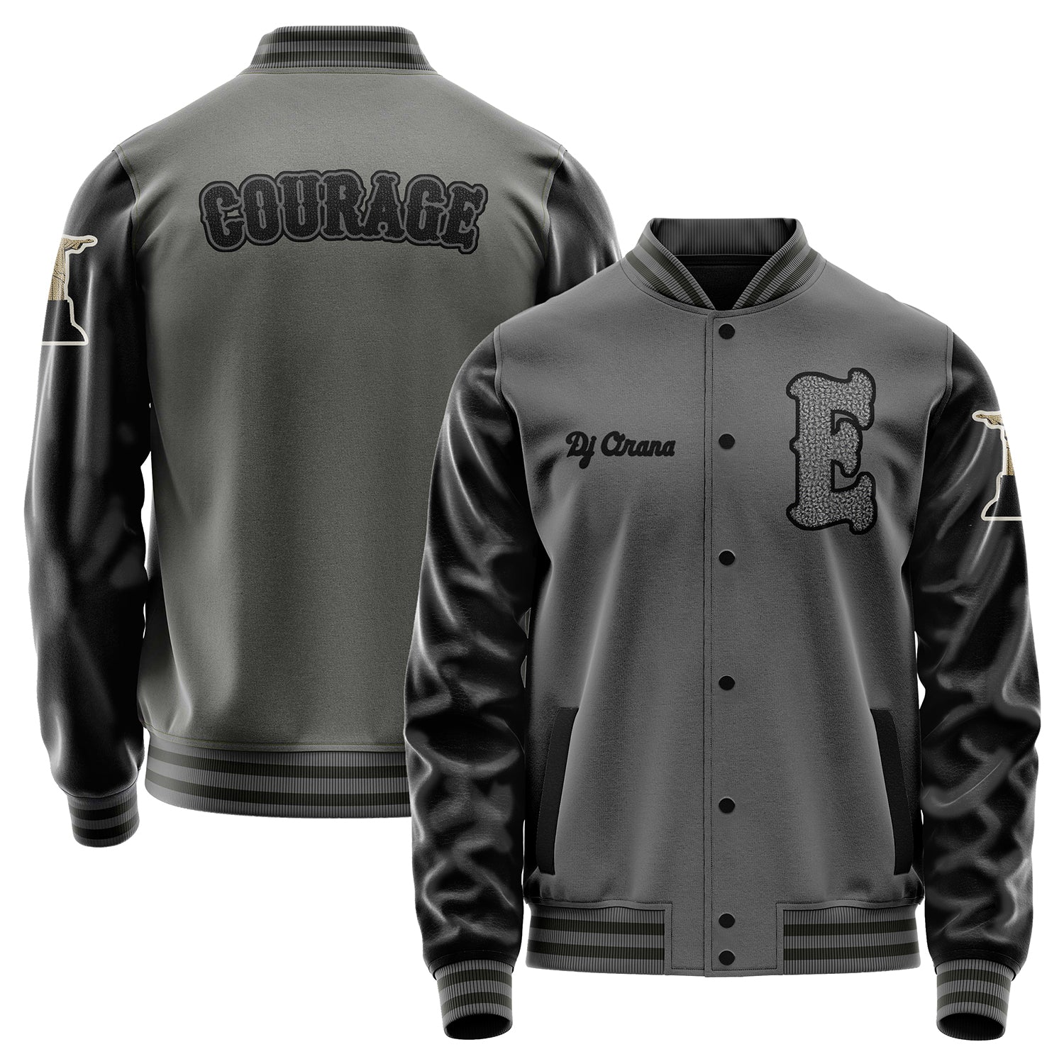 Custom Gray Varsity Jacket Patches Black Leather Sleeves - Statues